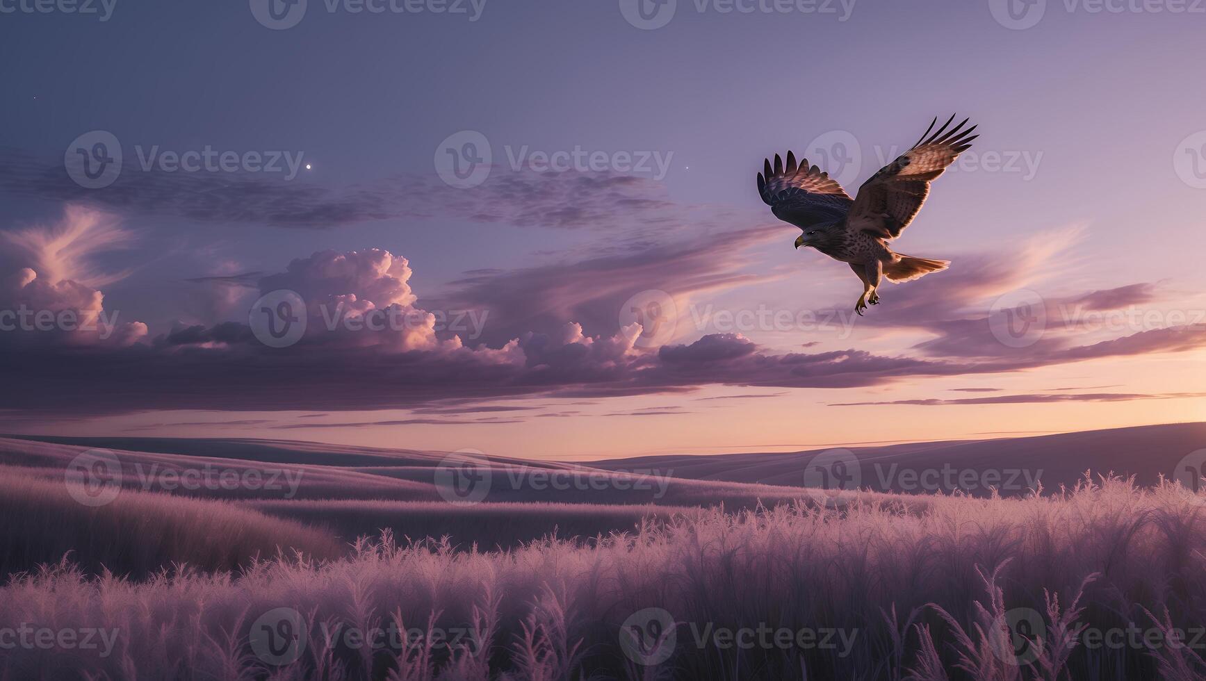 Hawk Flying Over Grassy Field at Dusk with Pastel Sky photo