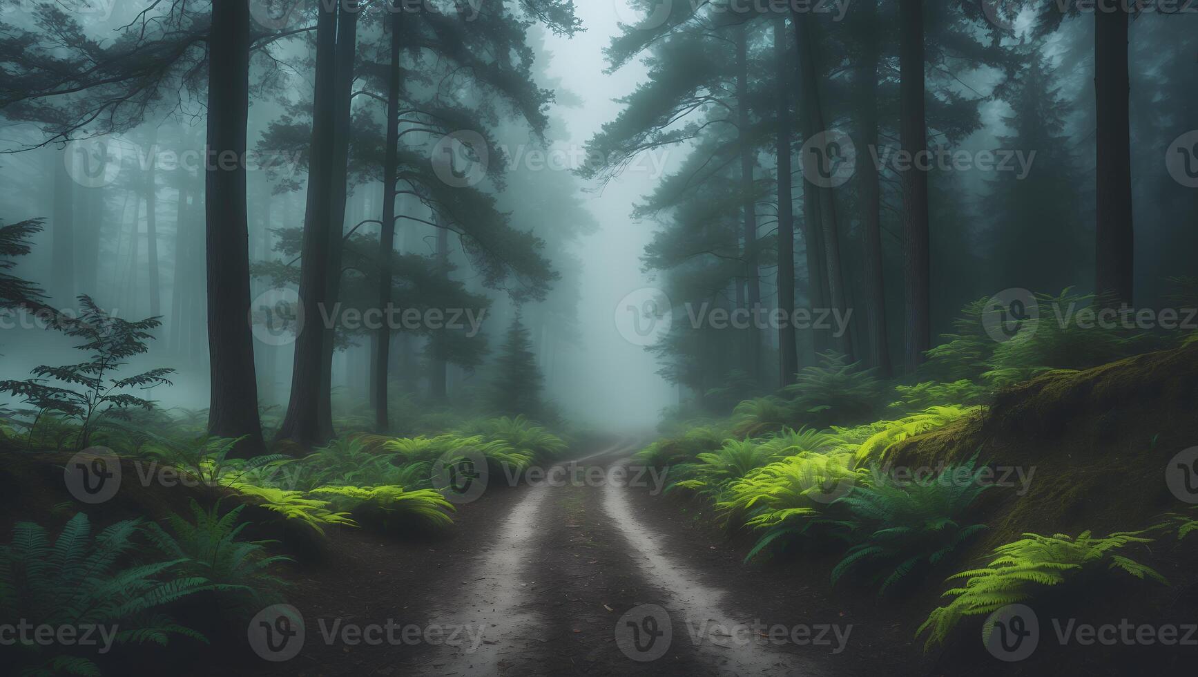 Walking the Foggy Forest Path with Green Ferns and Tall Trees photo