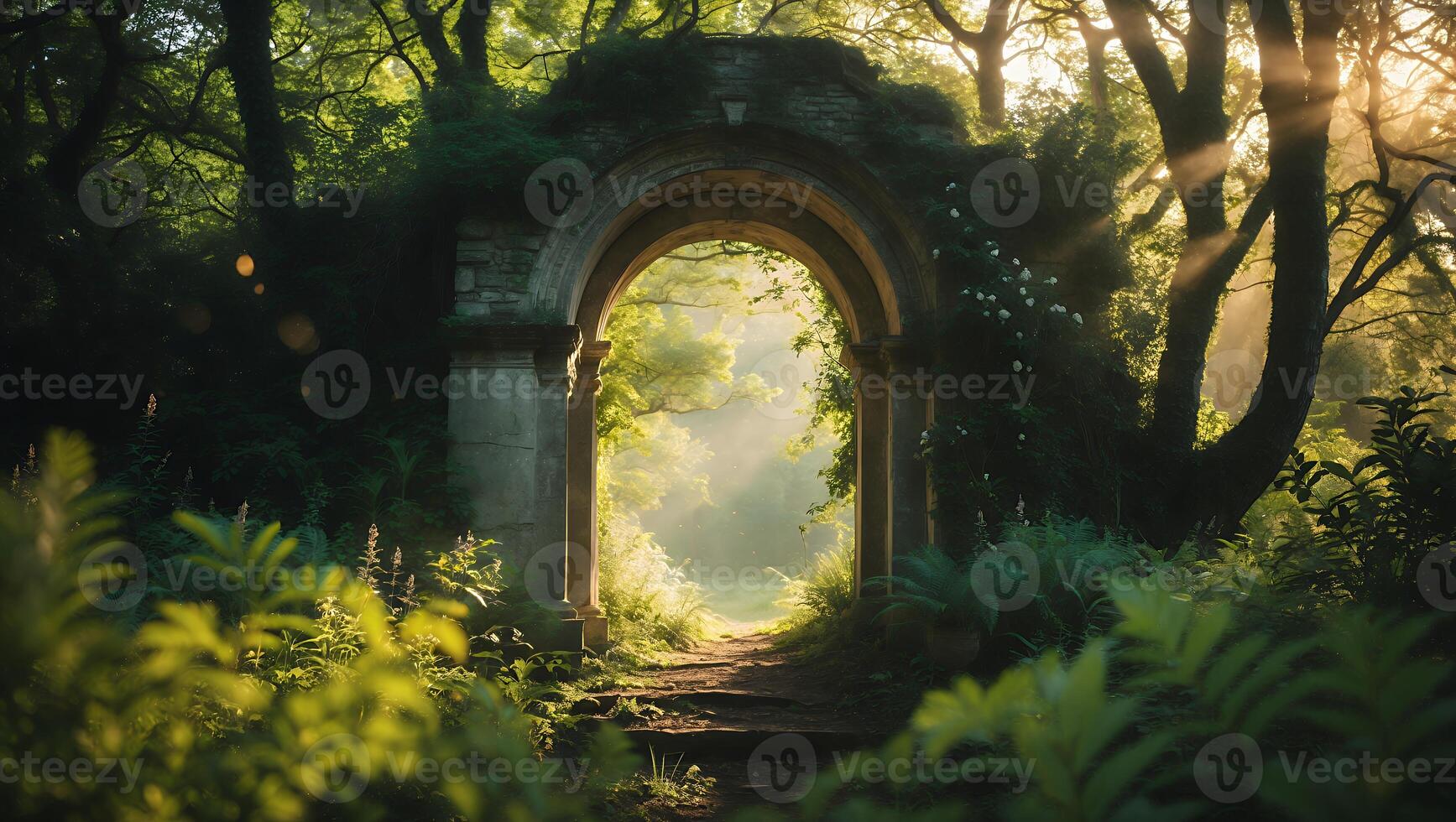 Stone Archway Entrance Leading Into Bright Green Forest Landscape photo