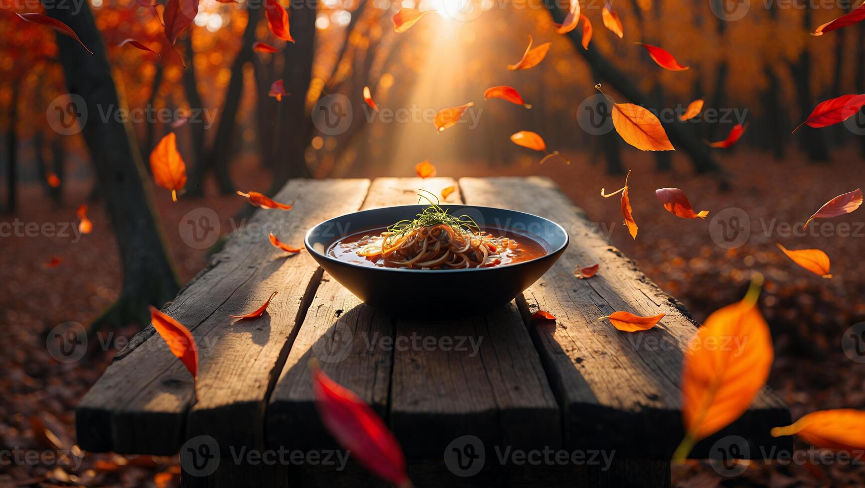 Bowl of Pasta on Rustic Table with Autumn Leaves Falling photo