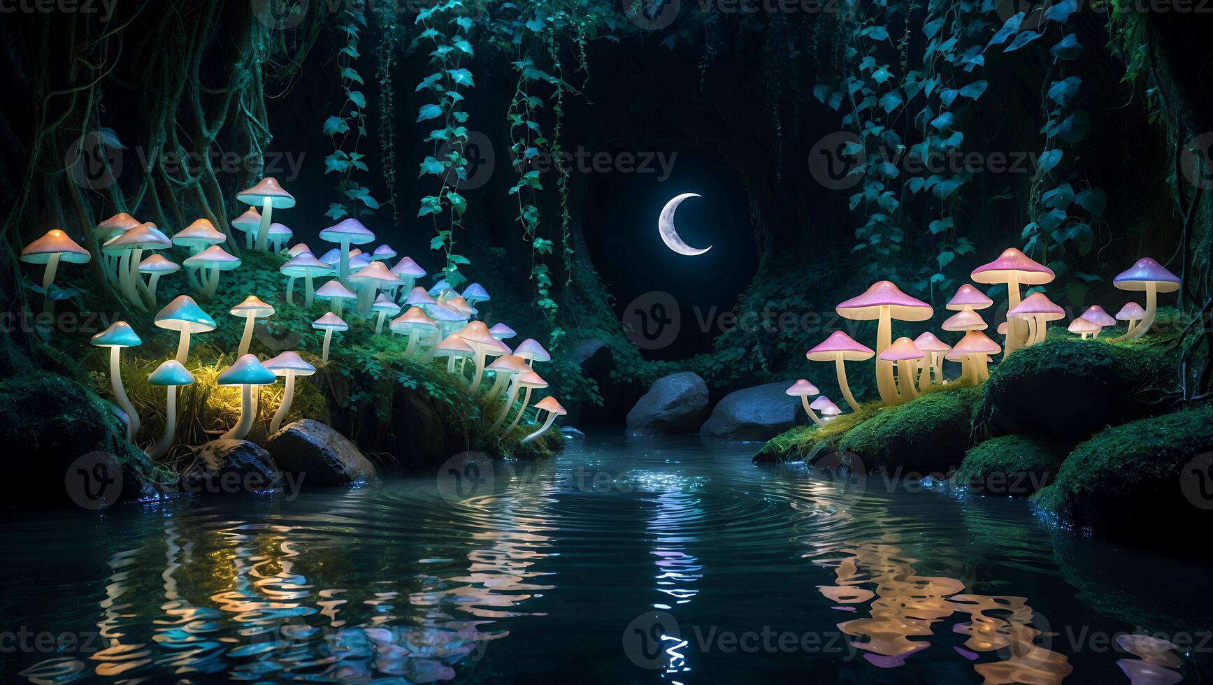 Glowing Mushrooms Reflecting in Pond Water Under Crescent Moon at Night photo