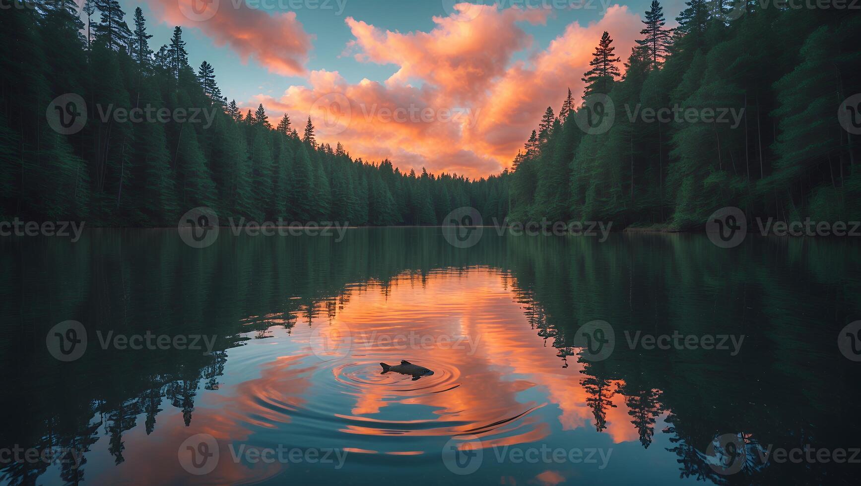 Fish Swimming in Lake Reflecting Dramatic Sunset Sky at Dusk photo