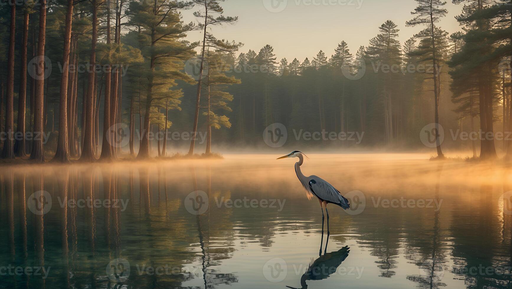 Heron Standing in Calm Lake with Foggy Forest Reflection photo