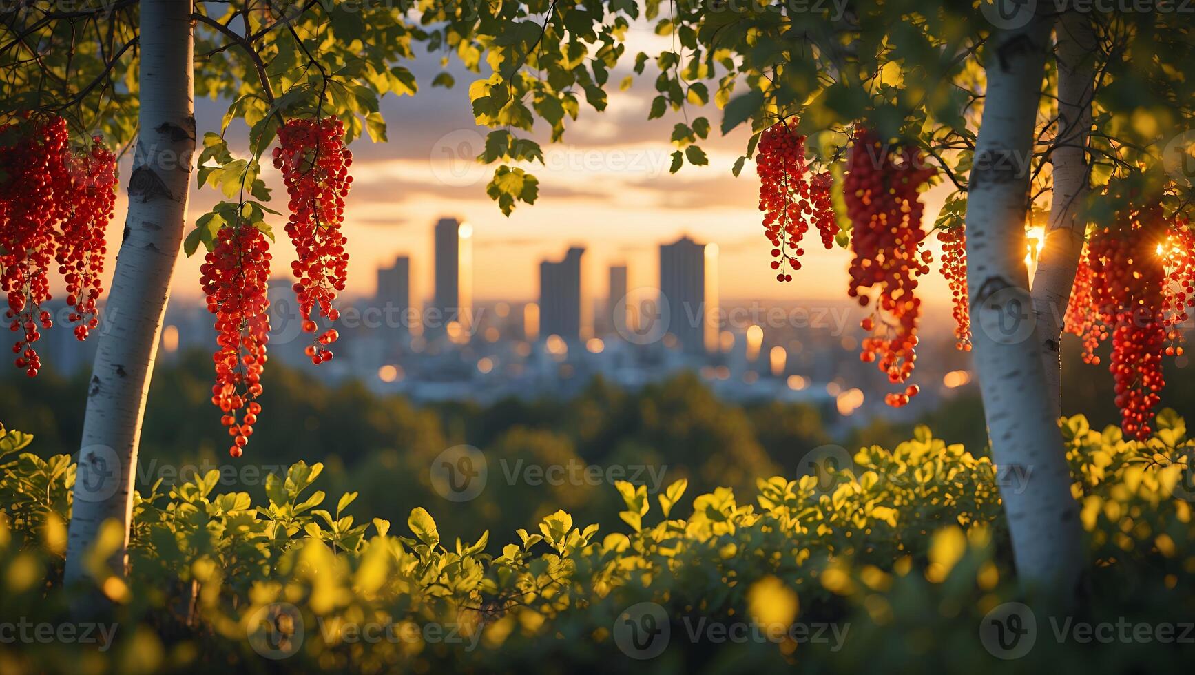 Urban Sunset View Framed by Berries and Birch Trees Nature photo