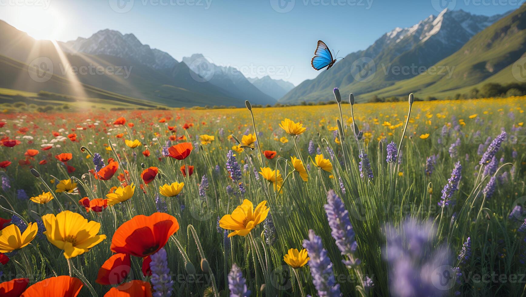 Flying Butterfly Over Colorful Meadow with Mountain Backdrop and Sunlight photo