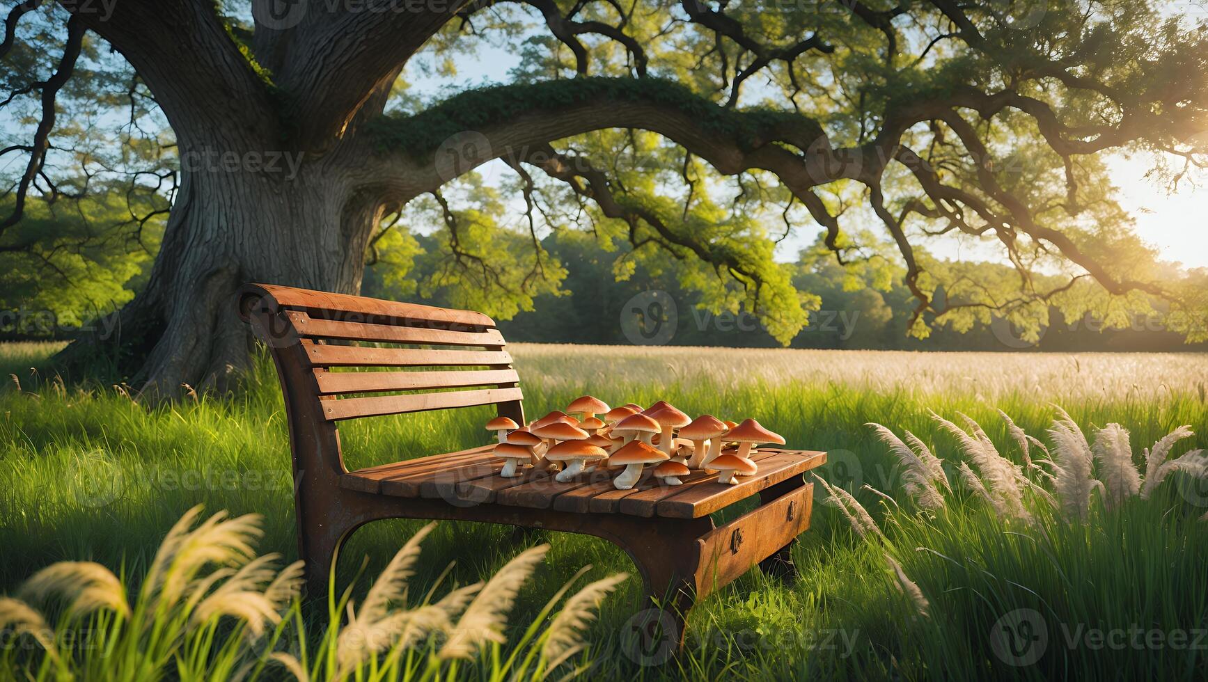 Mushrooms Resting on Park Bench Under Tree in Sunny Meadow photo