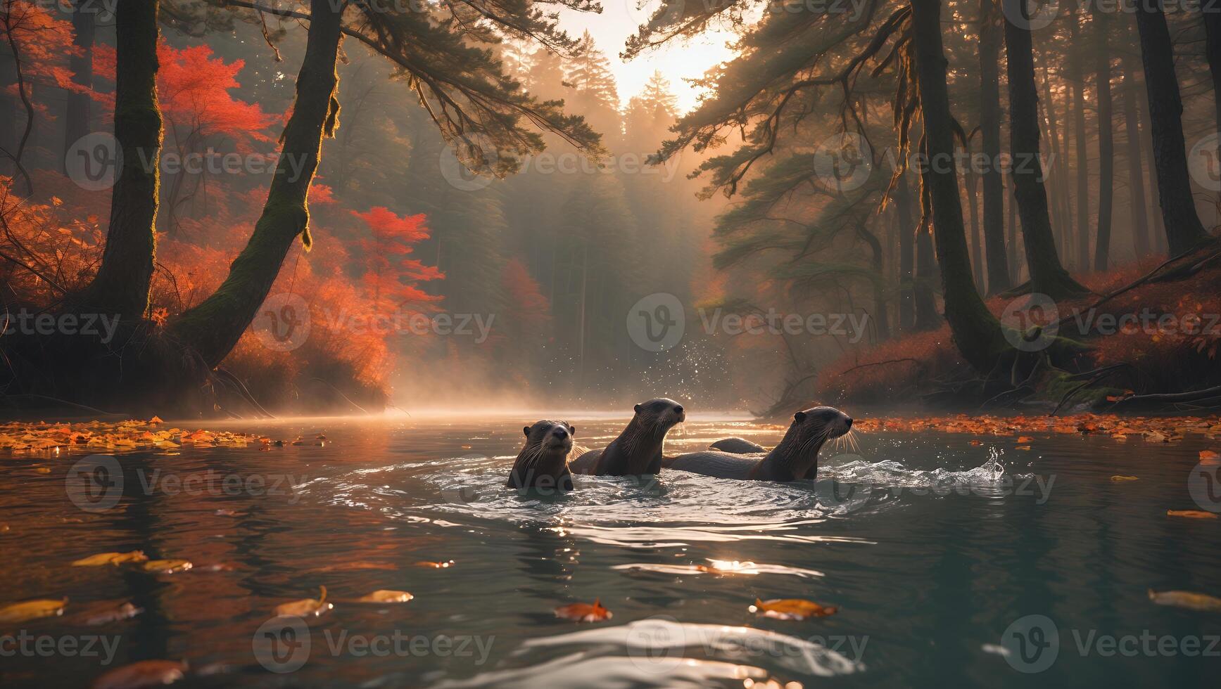 Otters Swimming in Autumn River with Colorful Forest at Sunrise photo