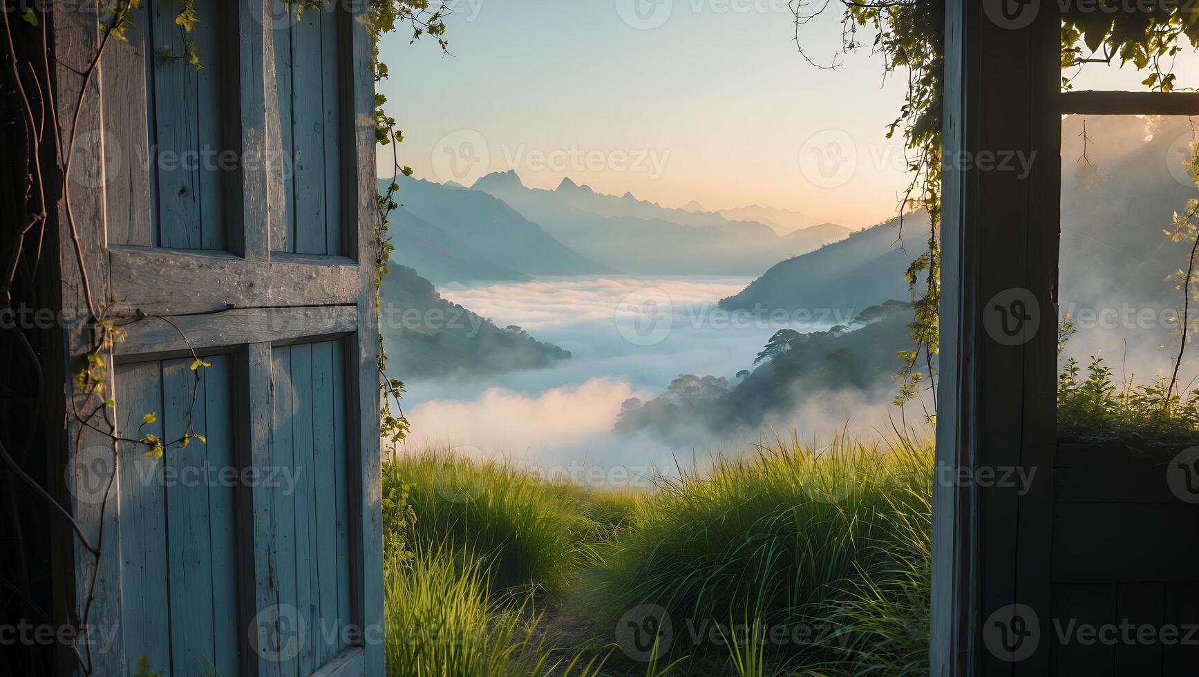 Mountain View Through Open Door with Morning Mist and Tall Grass photo