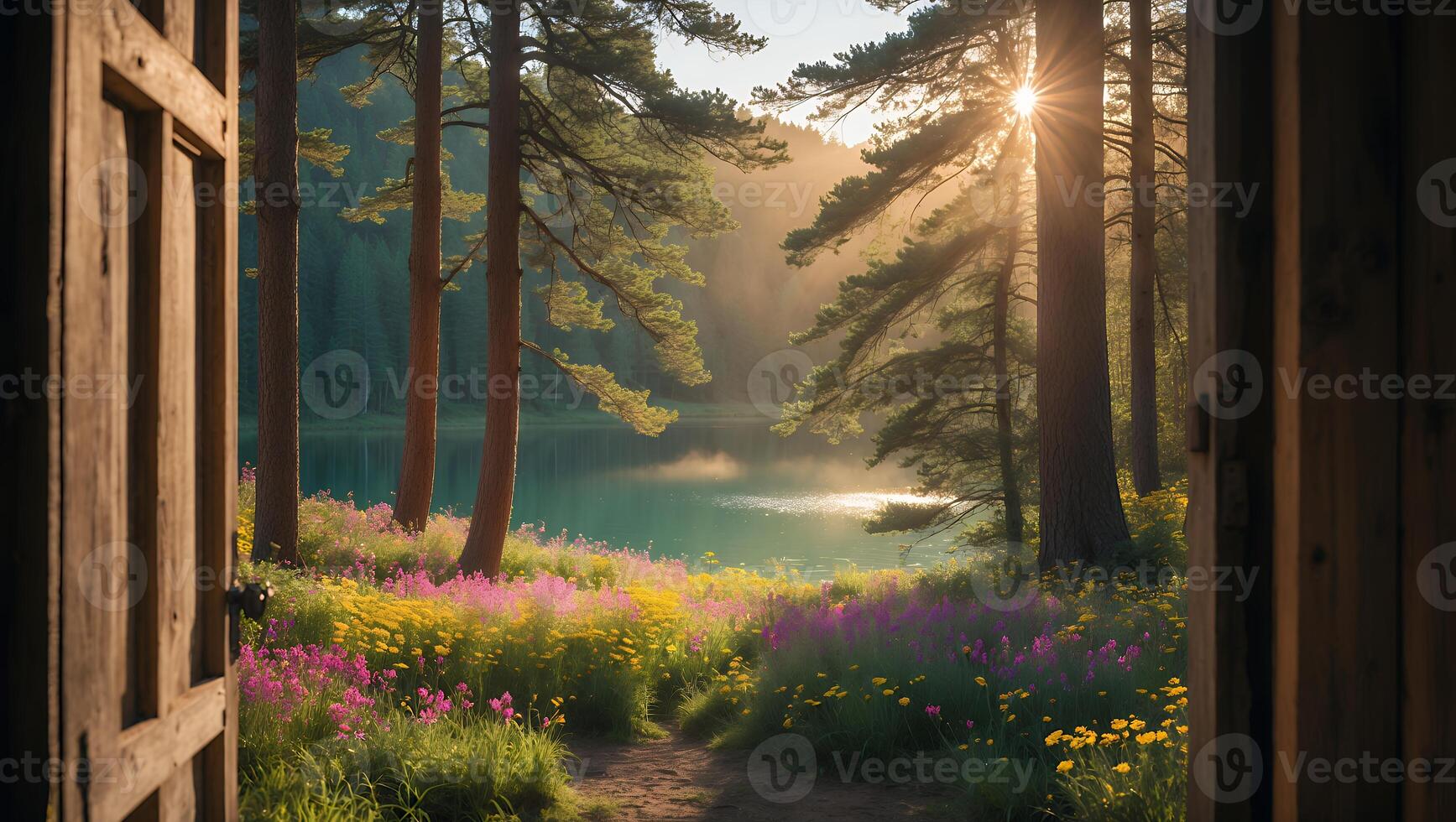Open Door View to Serene Lake Surrounded by Forest and Flowers photo