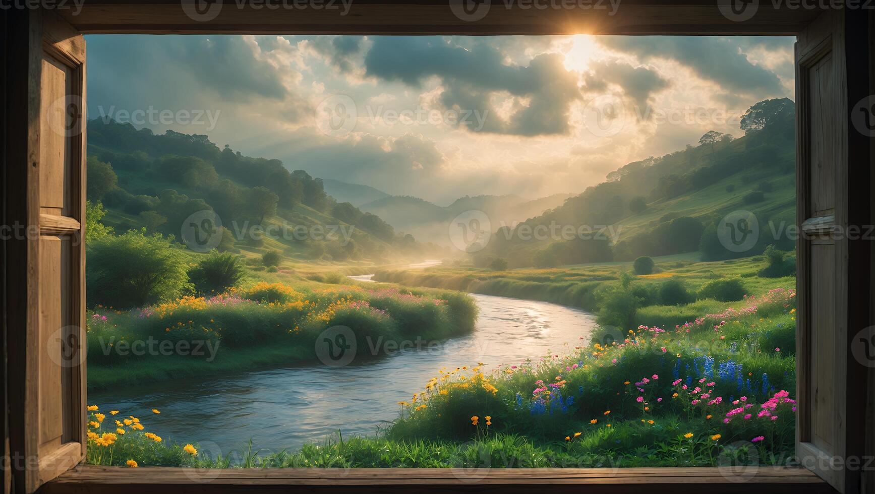 Scenic Valley View Through Open Window with Flowing River at Sunrise photo