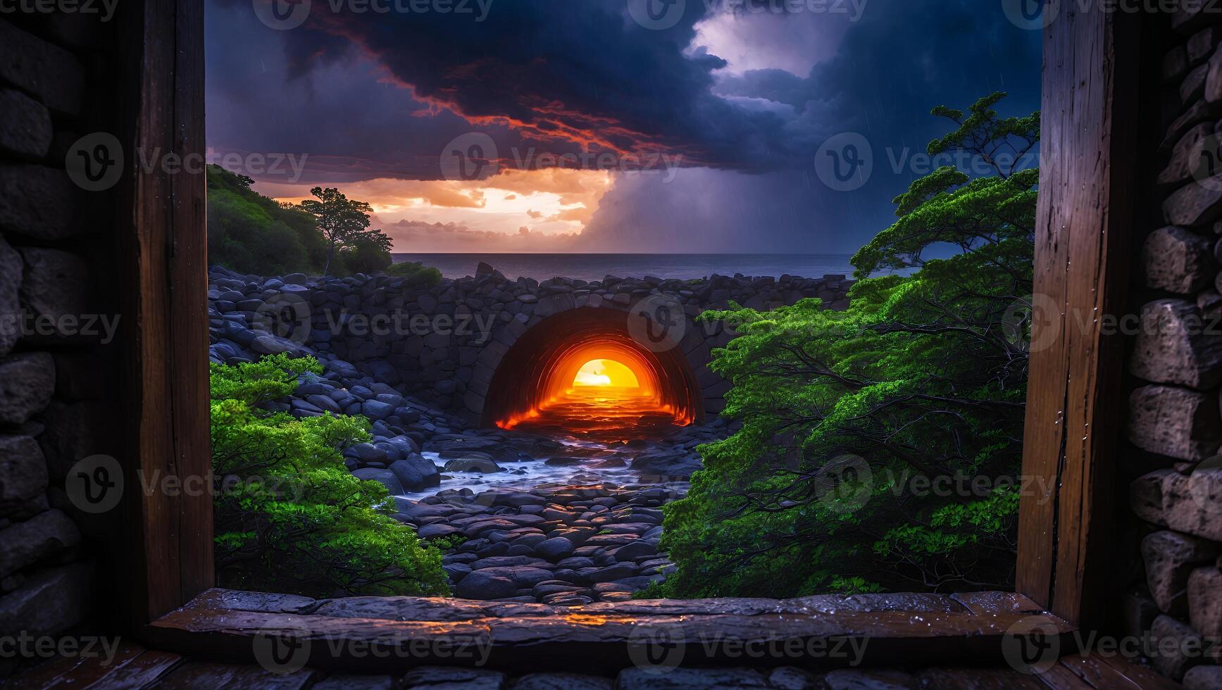 Viewing Coastal Arch Bridge Sunset Through a Rustic Stone Window Frame photo
