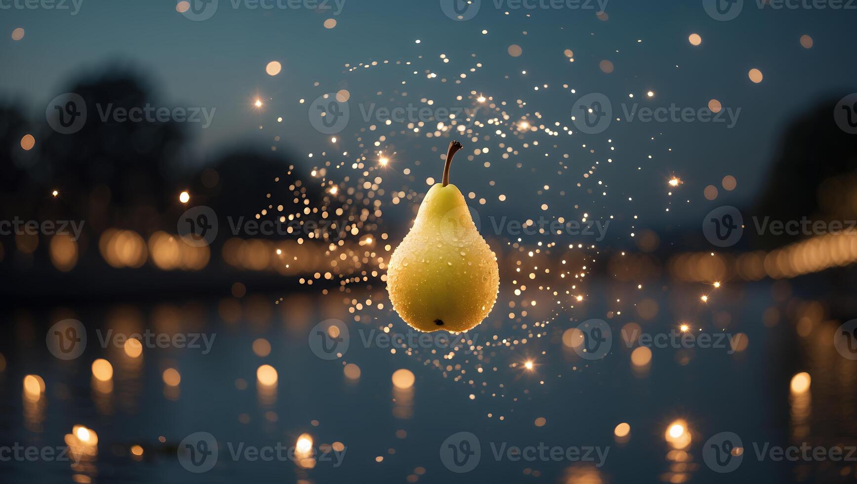 Floating Pear with Water Droplets and Sparkling Light Background photo