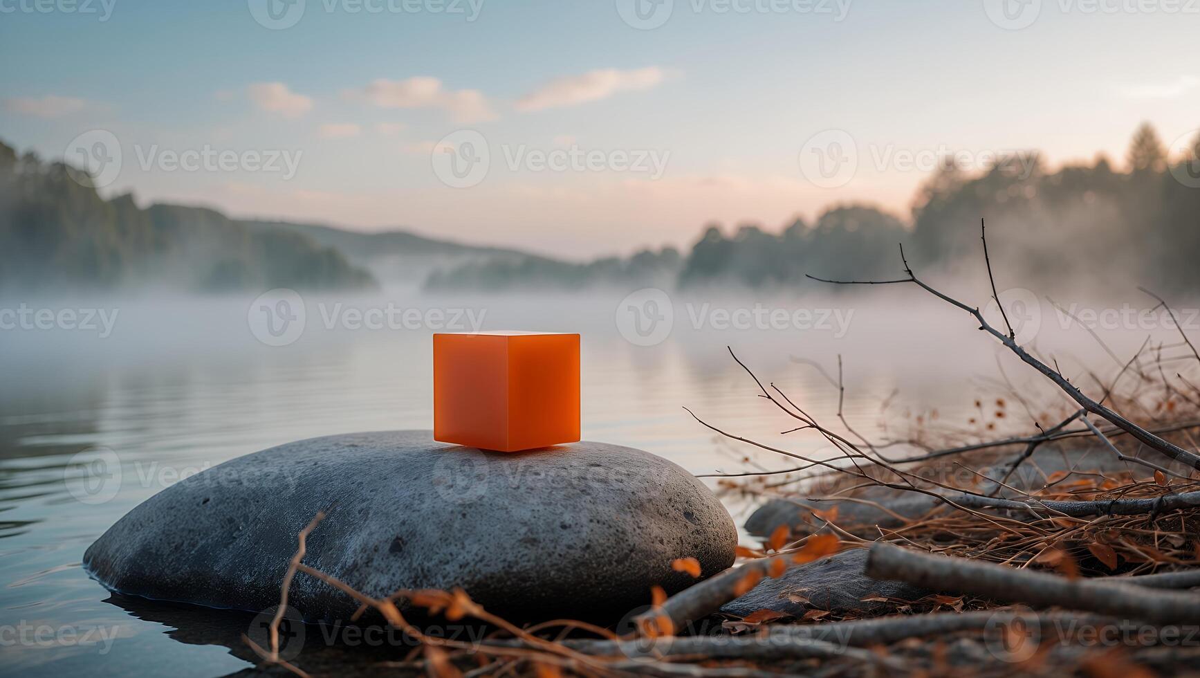 Orange Cube on Rock by Misty Lake Creates Serene Nature Scene photo