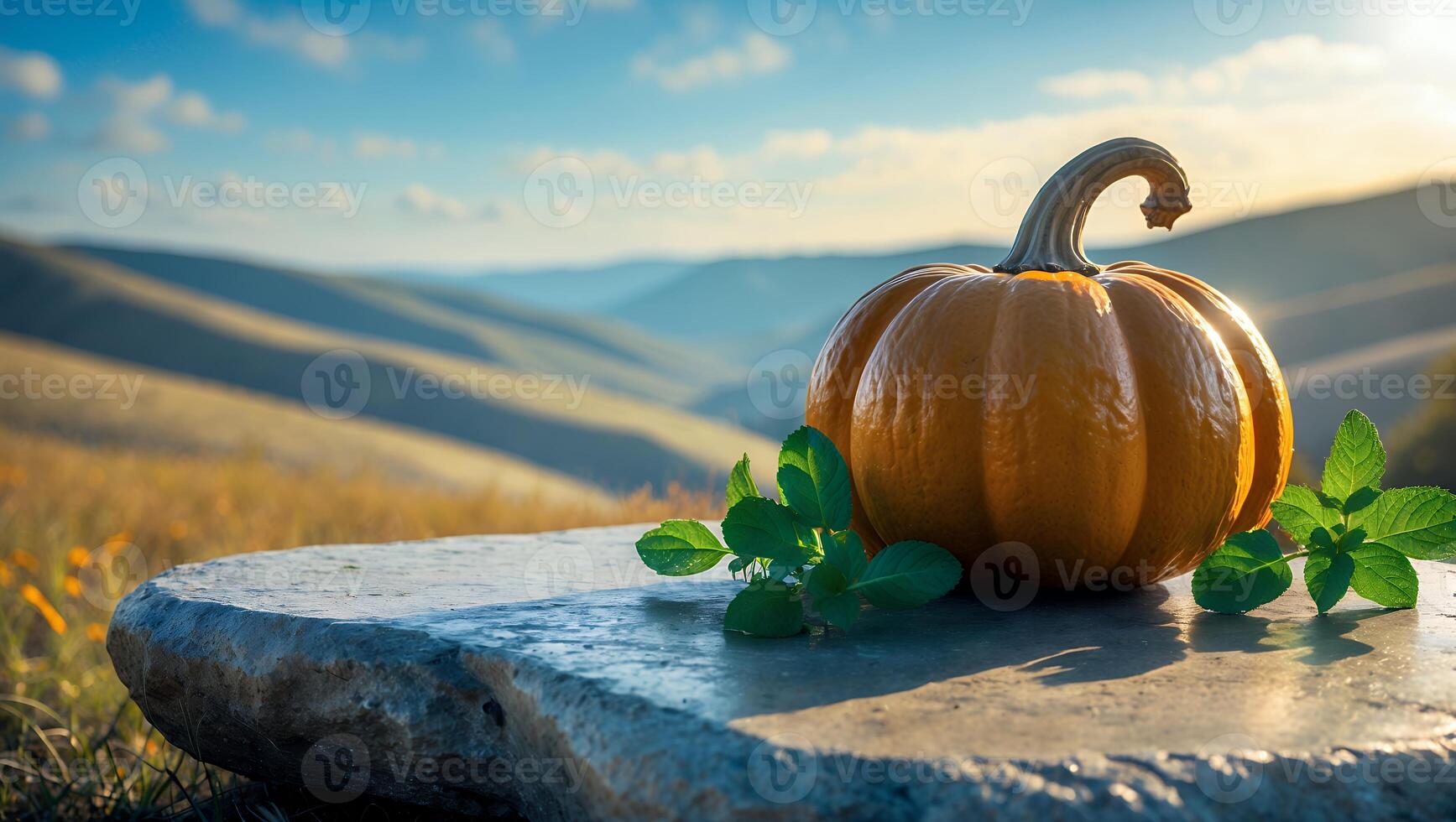 Pumpkin and Mint Leaves on Stone Table with Hilly Landscape photo