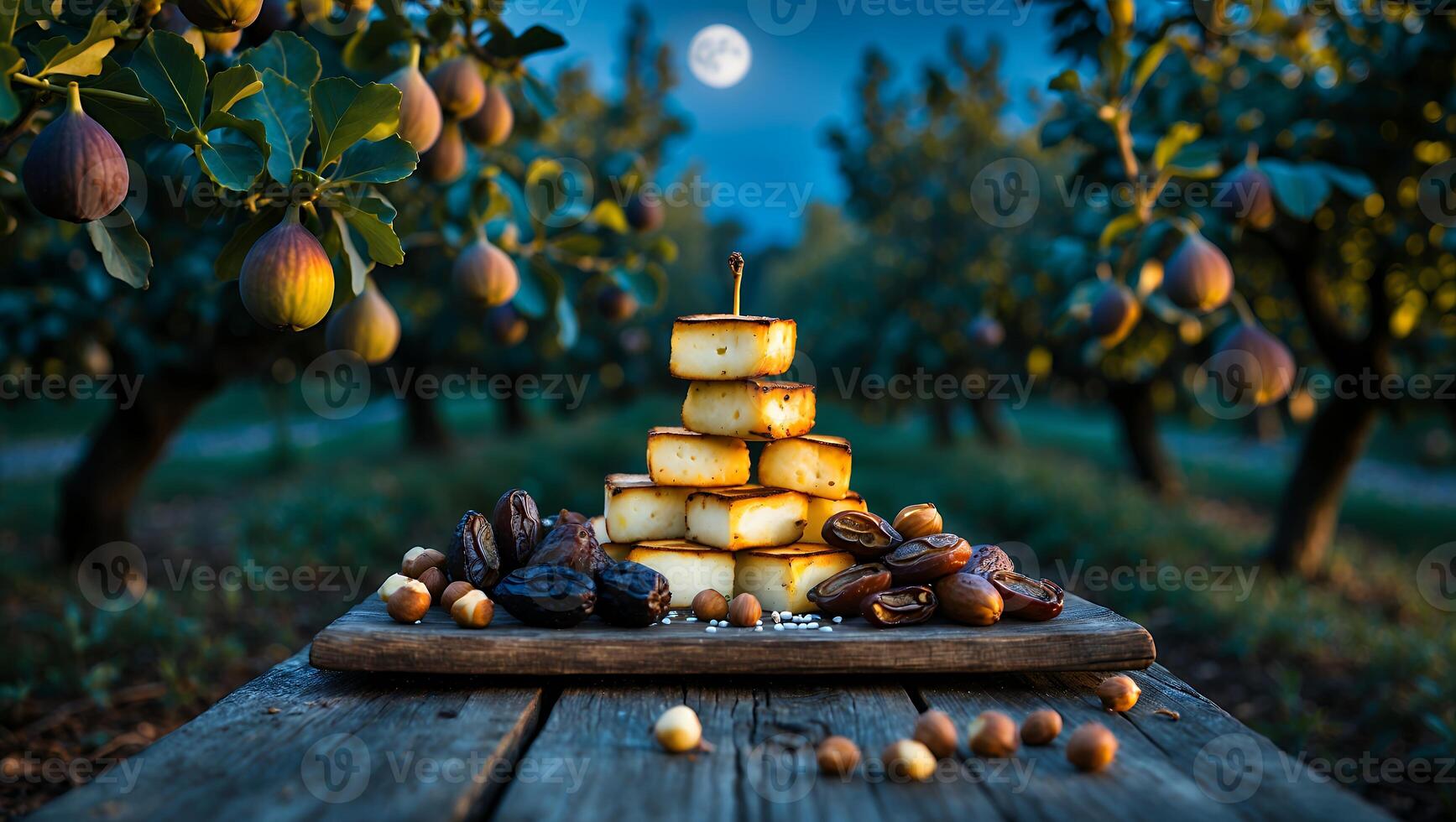 Arrangement of Grilled Cheese, Dates, and Hazelnuts in a Fig Orchard photo