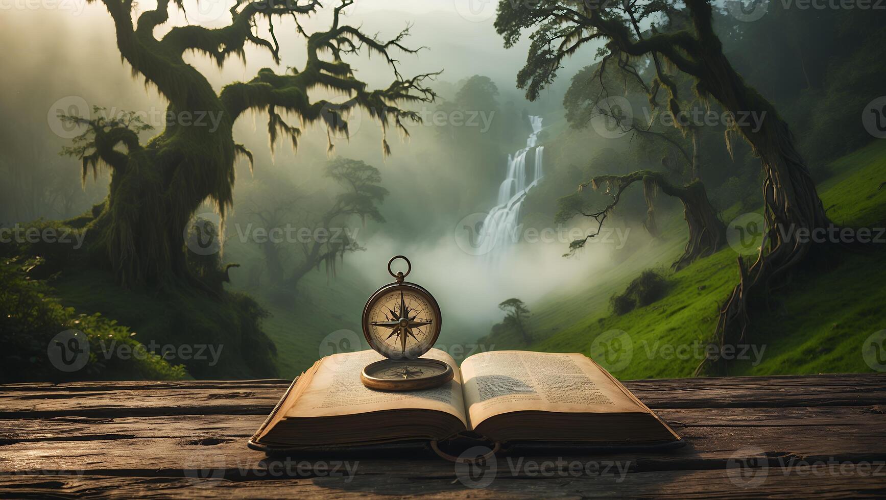 Compass on Open Book with Waterfall Scenery in Misty Forest photo