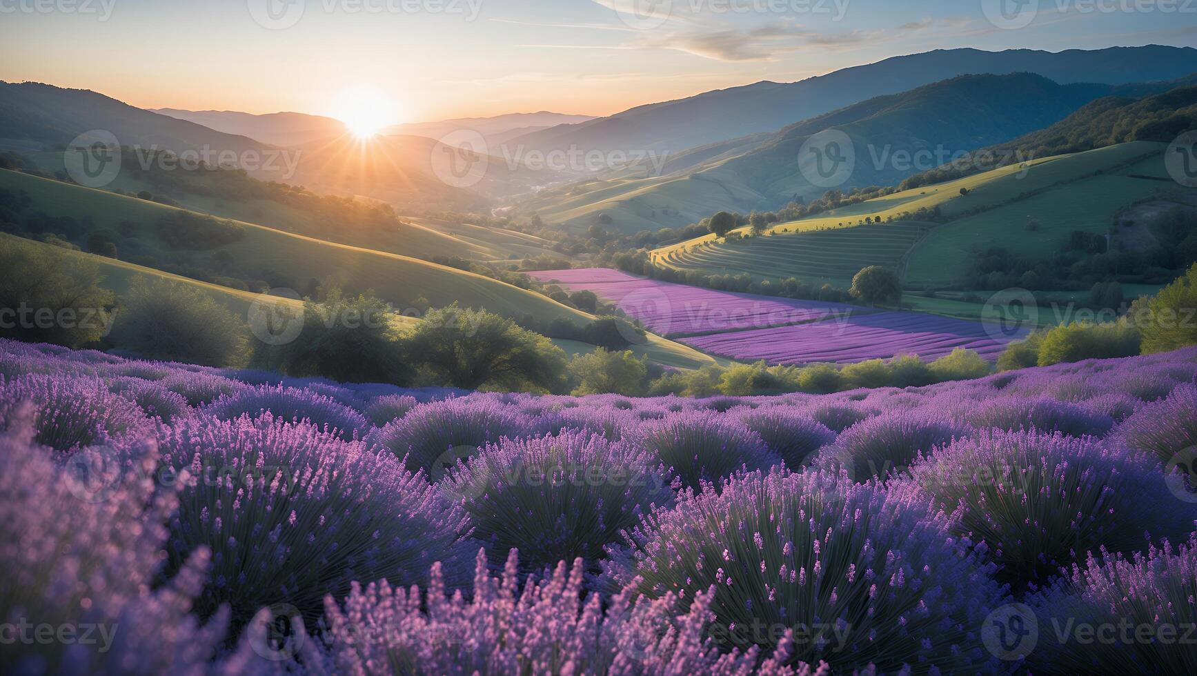 Lavender Field at Sunrise with Rolling Hills and Mist in Valley photo
