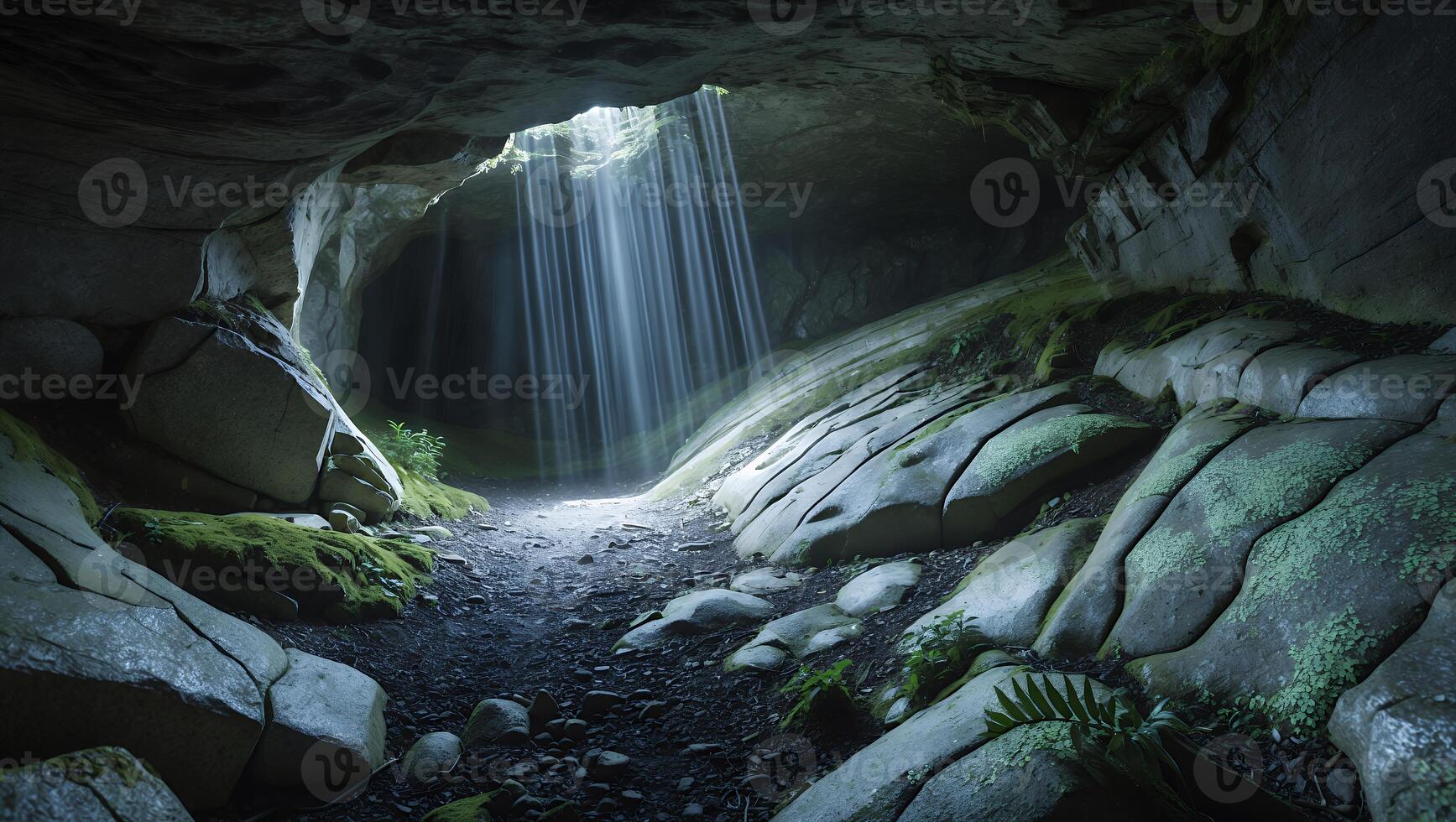 Sunlight Streaming Through Cave Entrance with Mossy Rocks and Water photo
