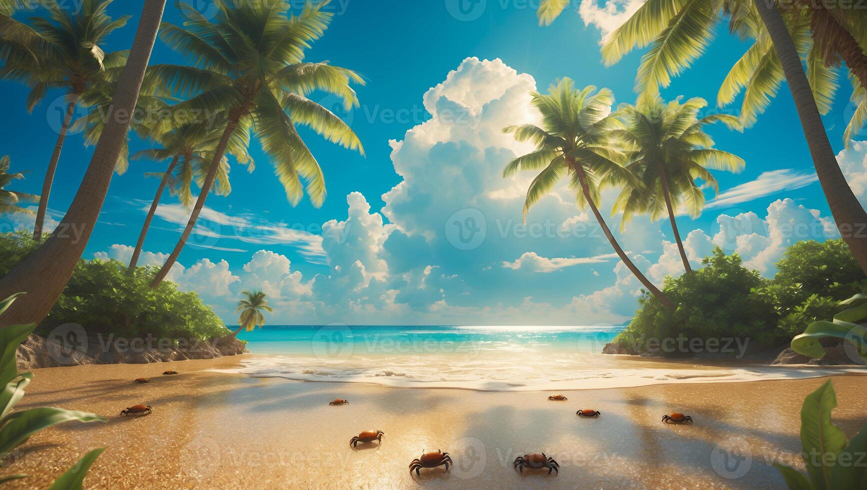 Relaxing Tropical Beach with Palm Trees and Crabs on Sandy Shore photo