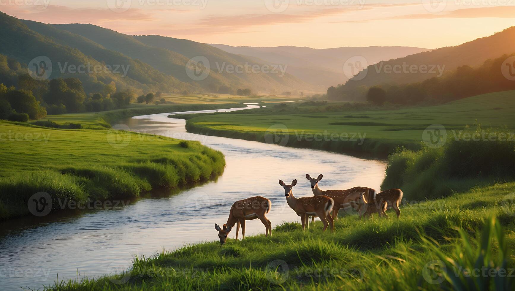 Deer Grazing by River in Mountain Valley at Sunrise Landscape photo
