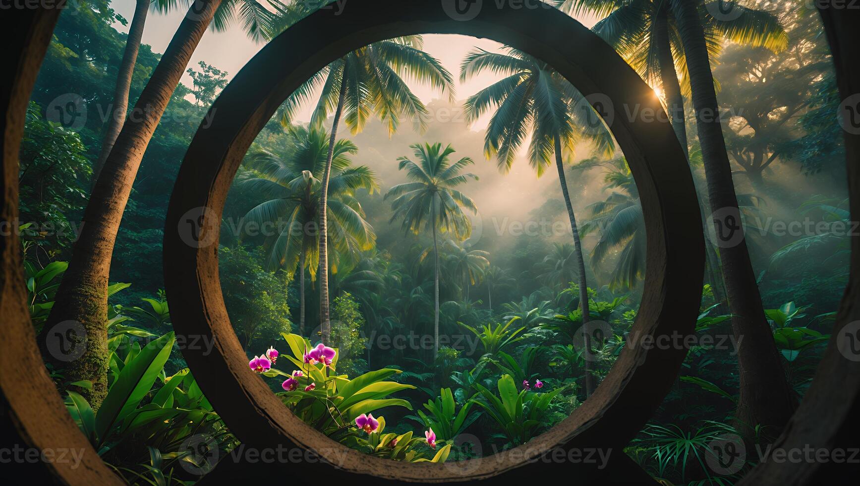Viewing Palm Trees Through a Circular Stone Opening in Lush Jungle photo