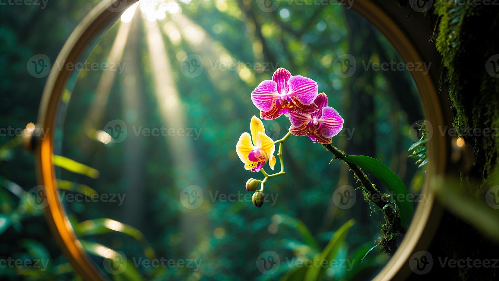 Orchid Bloom in Forest Setting Displayed Within Circular Frame with Sunbeams photo