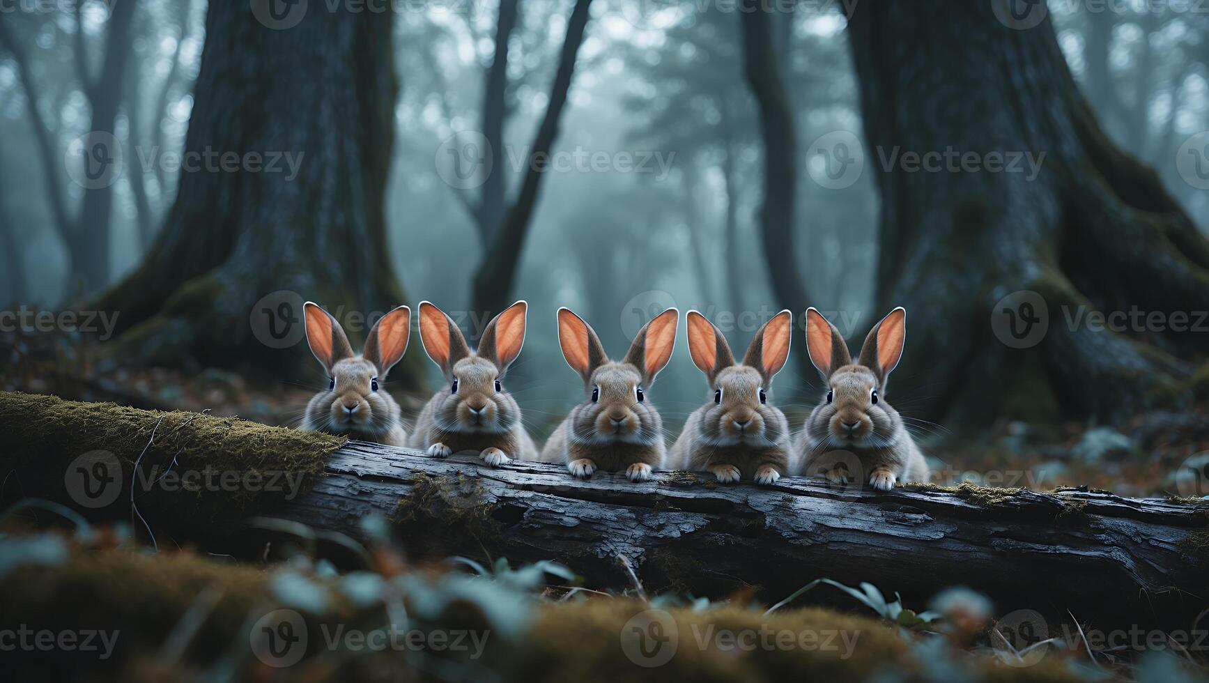 Rabbits Resting on Log in Misty Forest Setting Together photo