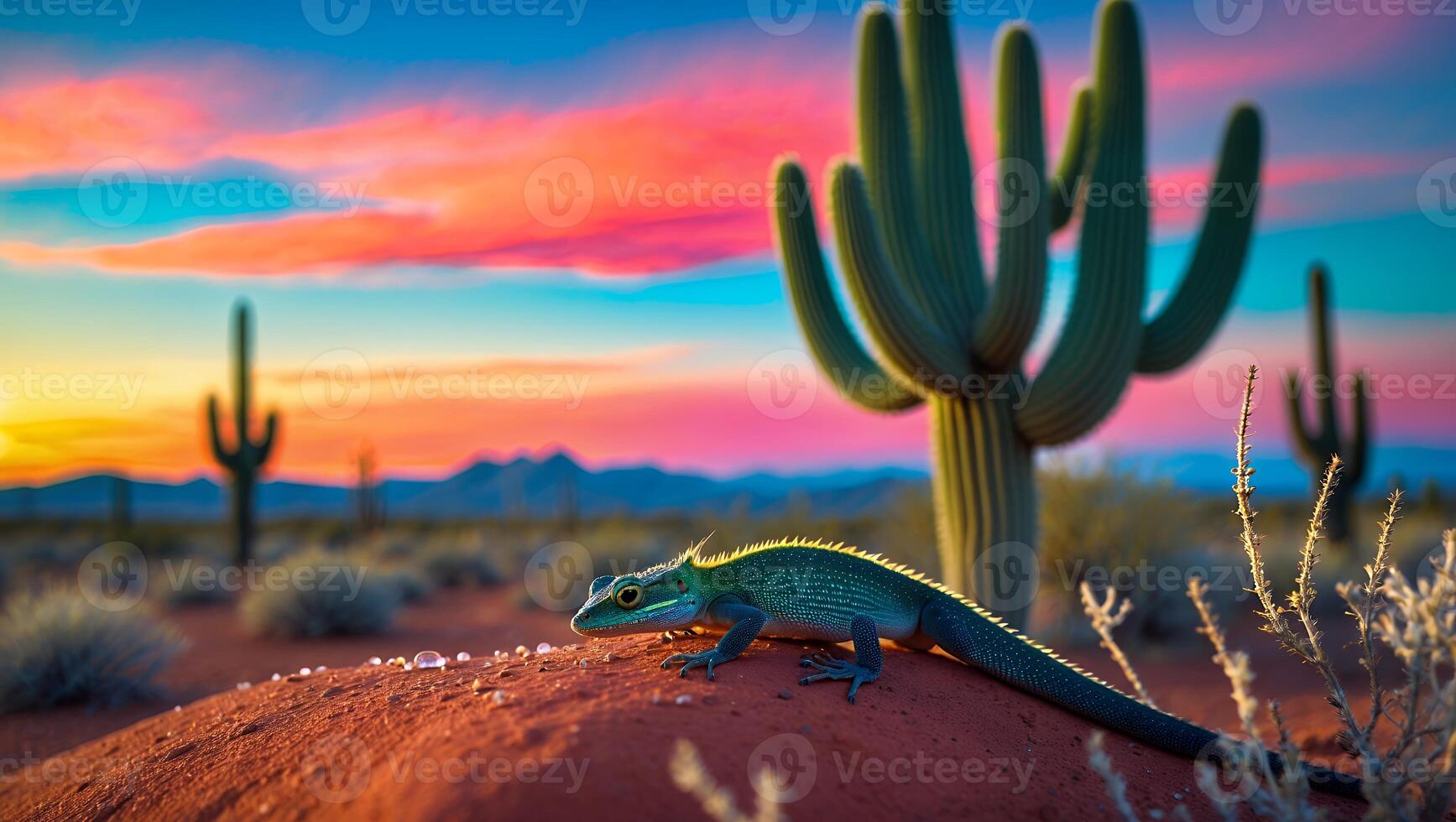 Lizard Resting on Desert Sand Dune at Colorful Sunset Scenery photo
