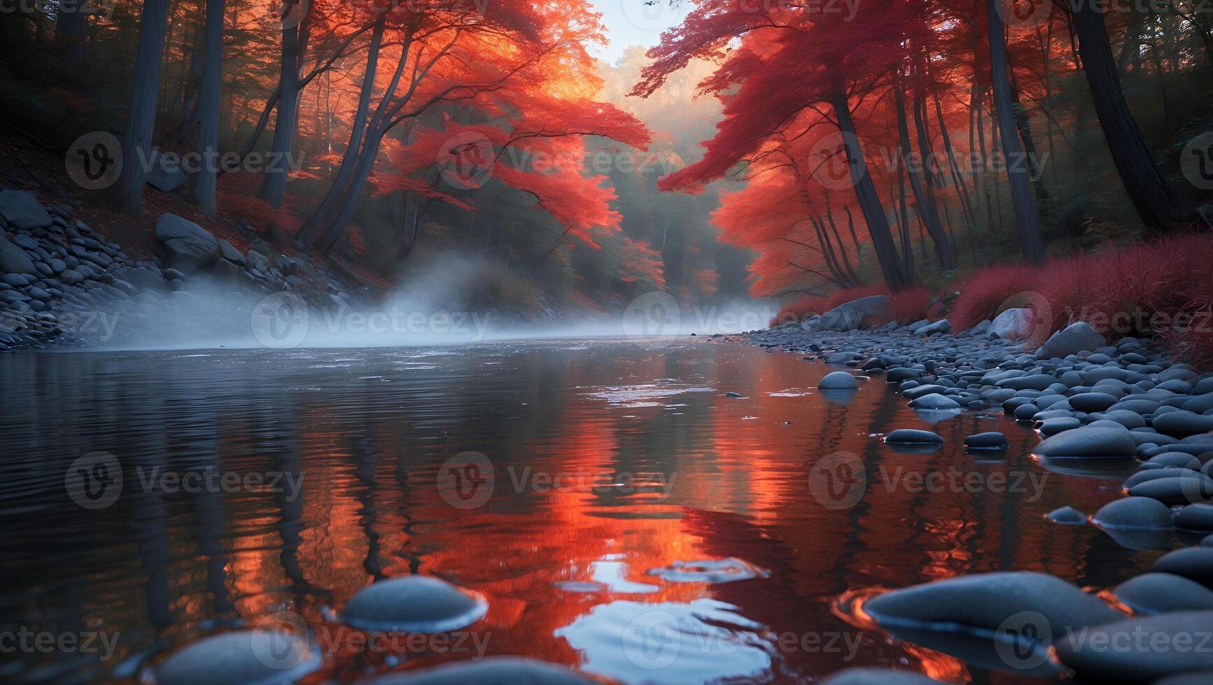 River Flowing Through Forest with Autumn Foliage and Reflections photo