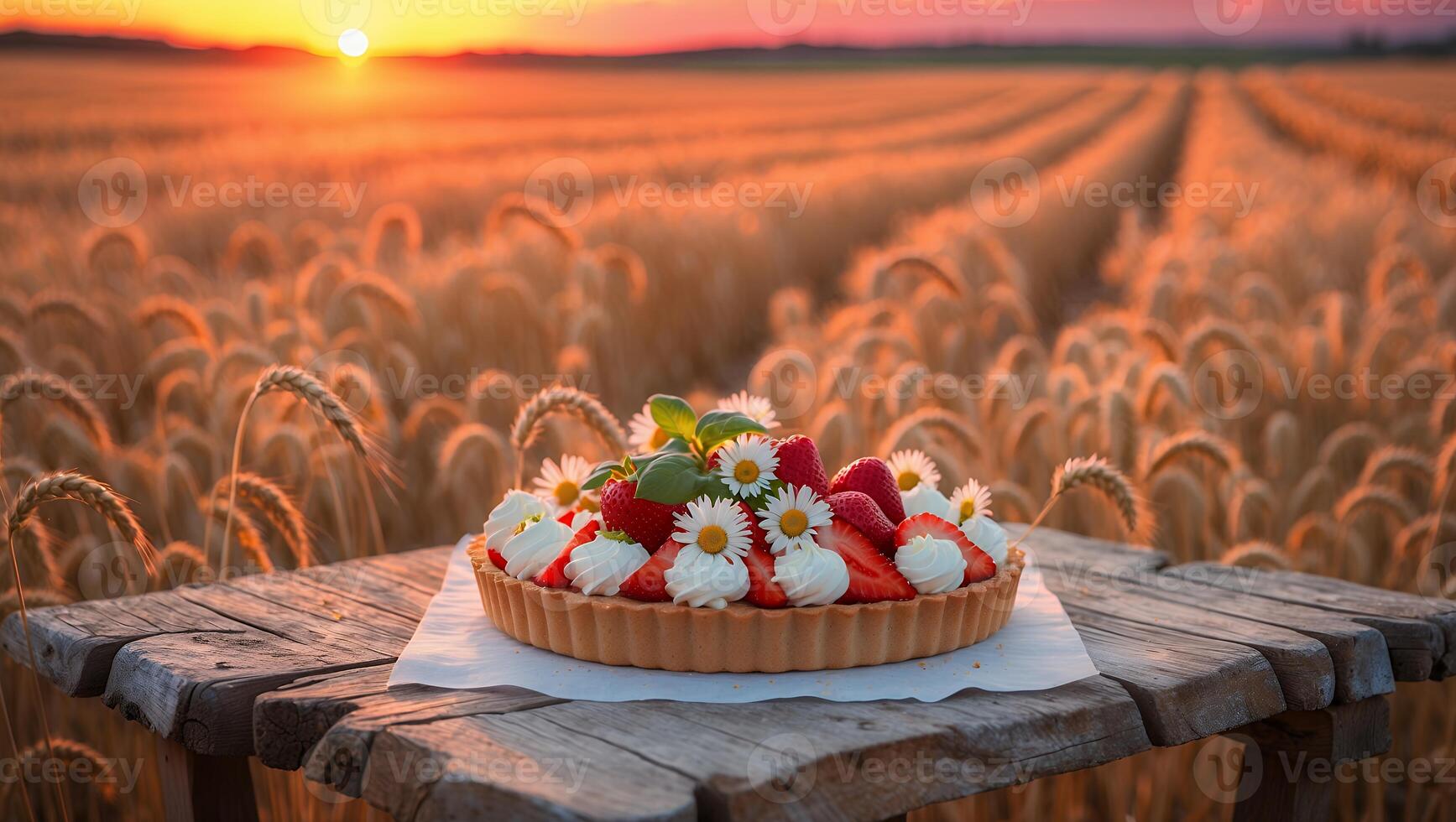 Strawberry Tart on Wooden Table with Wheat Field at Sunset photo