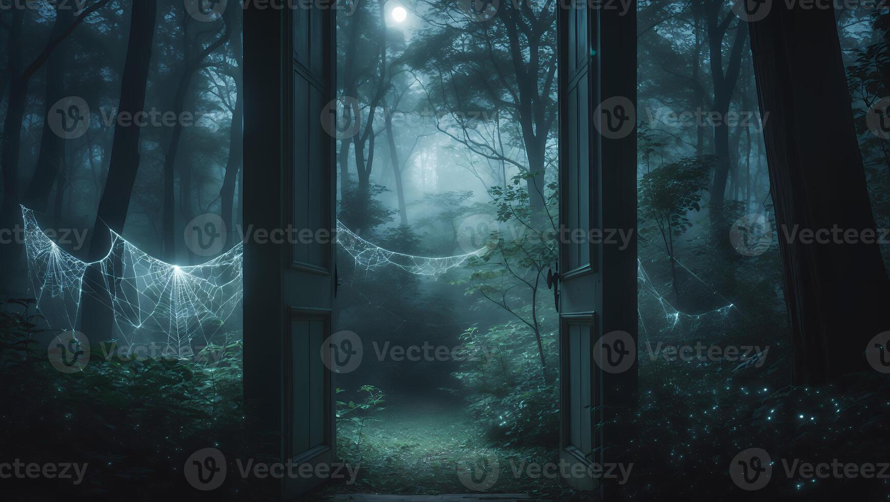 Open Door Leading to Misty Forest with Cobweb and Gloom photo