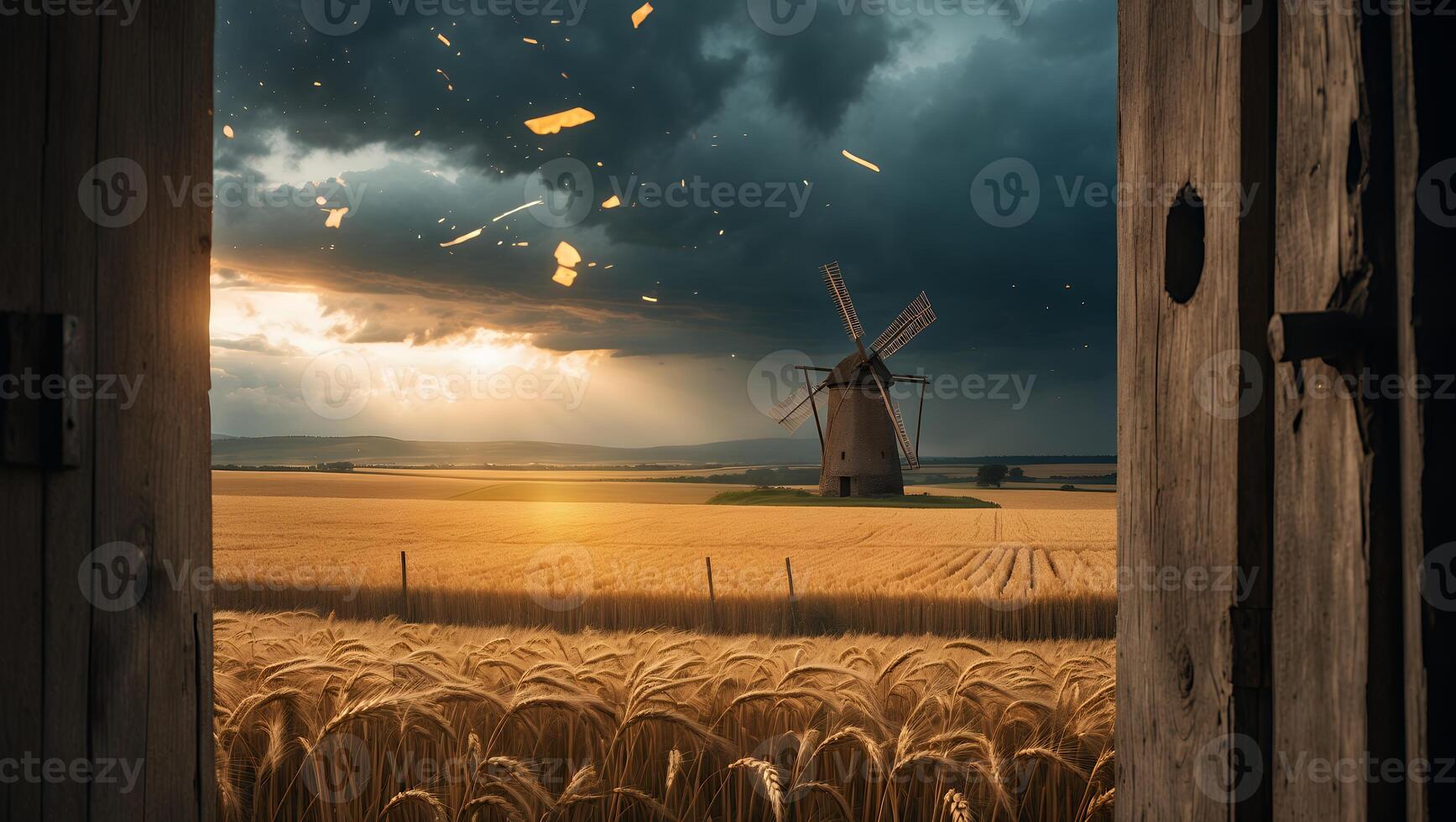 Wheat Field with Windmill View Through Open Wooden Door at Sunset photo