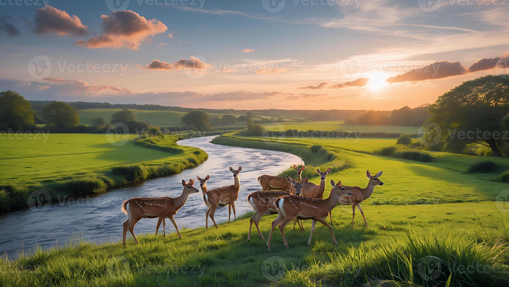 Deer Grazing by River at Sunset in Serene Countryside Landscape photo