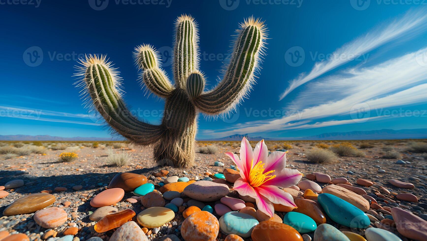 Cactus and Flower in Arid Desert Landscape Under Bright Blue Sky photo
