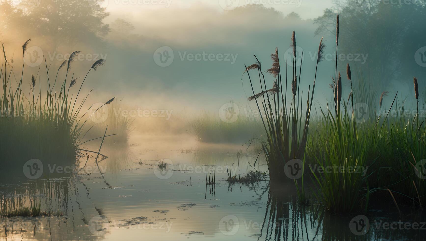 Misty Pond at Dawn with Cattails and Soft Early Morning Light photo