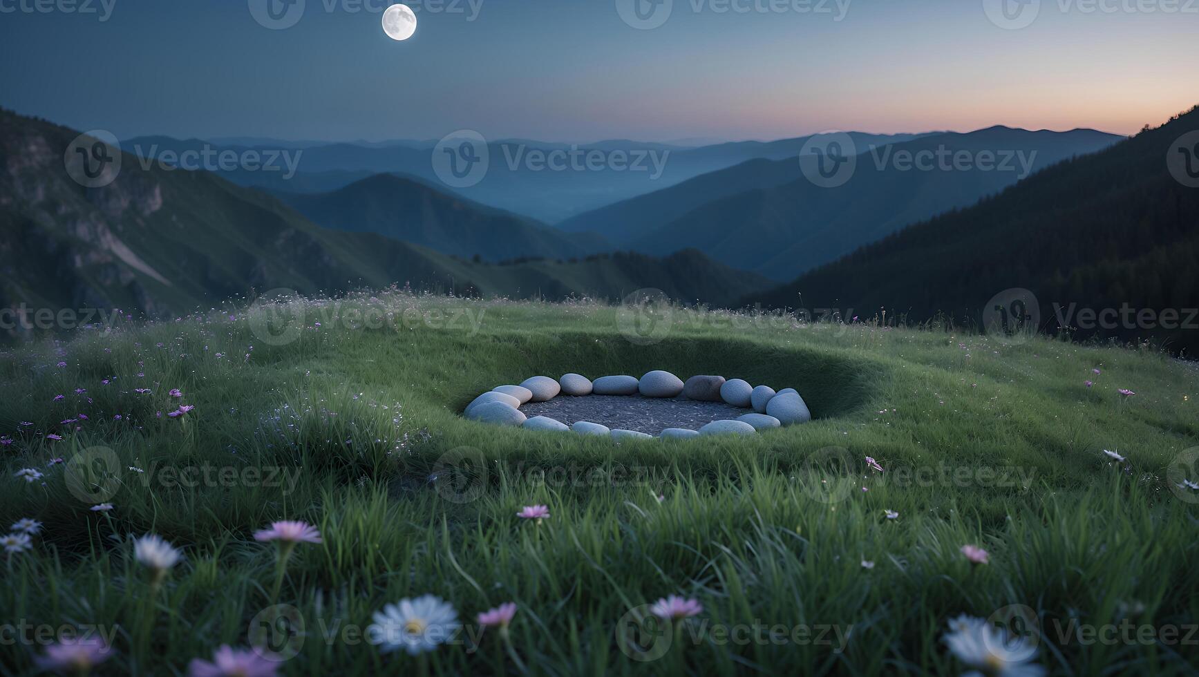 Idyllic Mountain Meadow with Stone Circle and Full Moon at Night photo