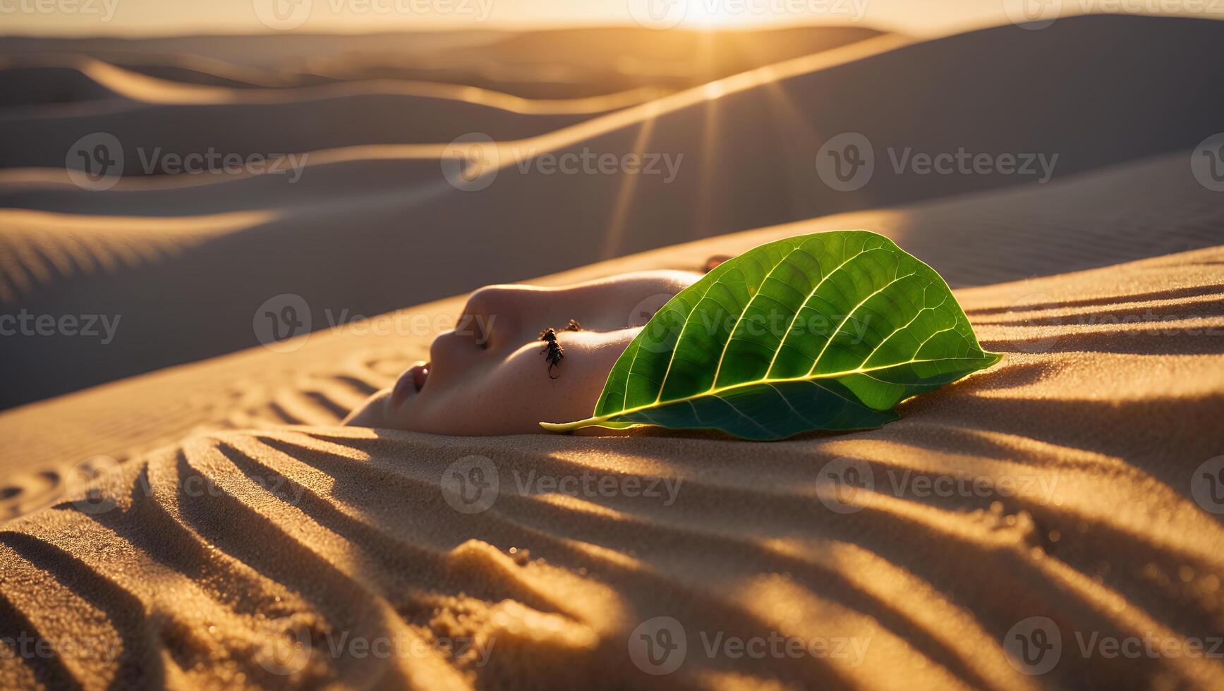 Face in Sand with Leaf and Ants in Desert at Sunrise photo
