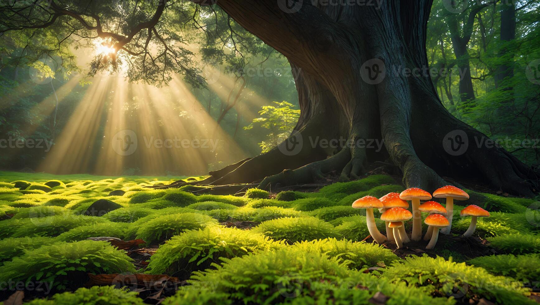 Sunlight Streaming Through Forest Canopy Illuminating Mushrooms and Green Moss photo