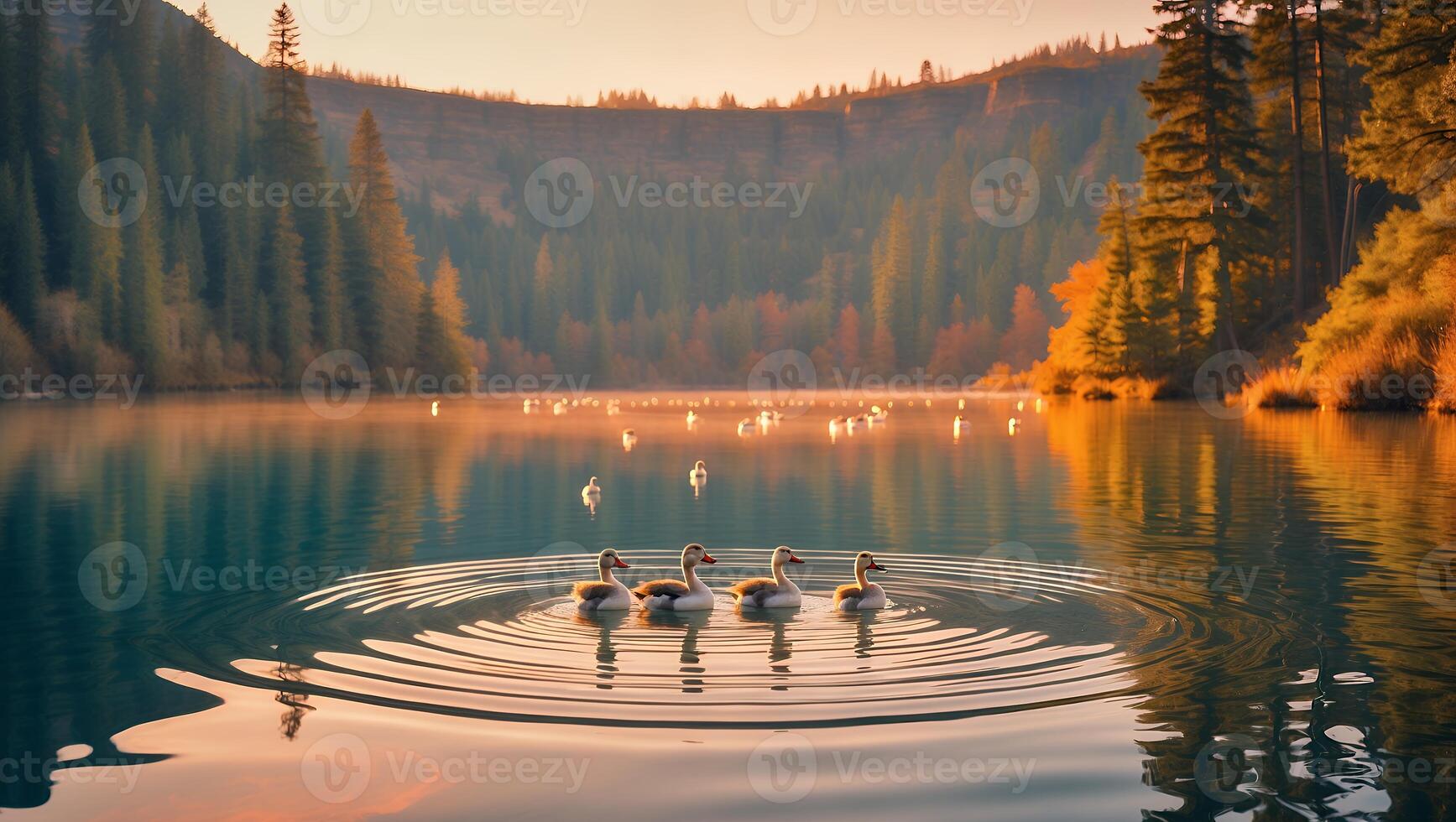 Ducks Swiming on Calm Lake at Sunset Surrounded by Forest photo