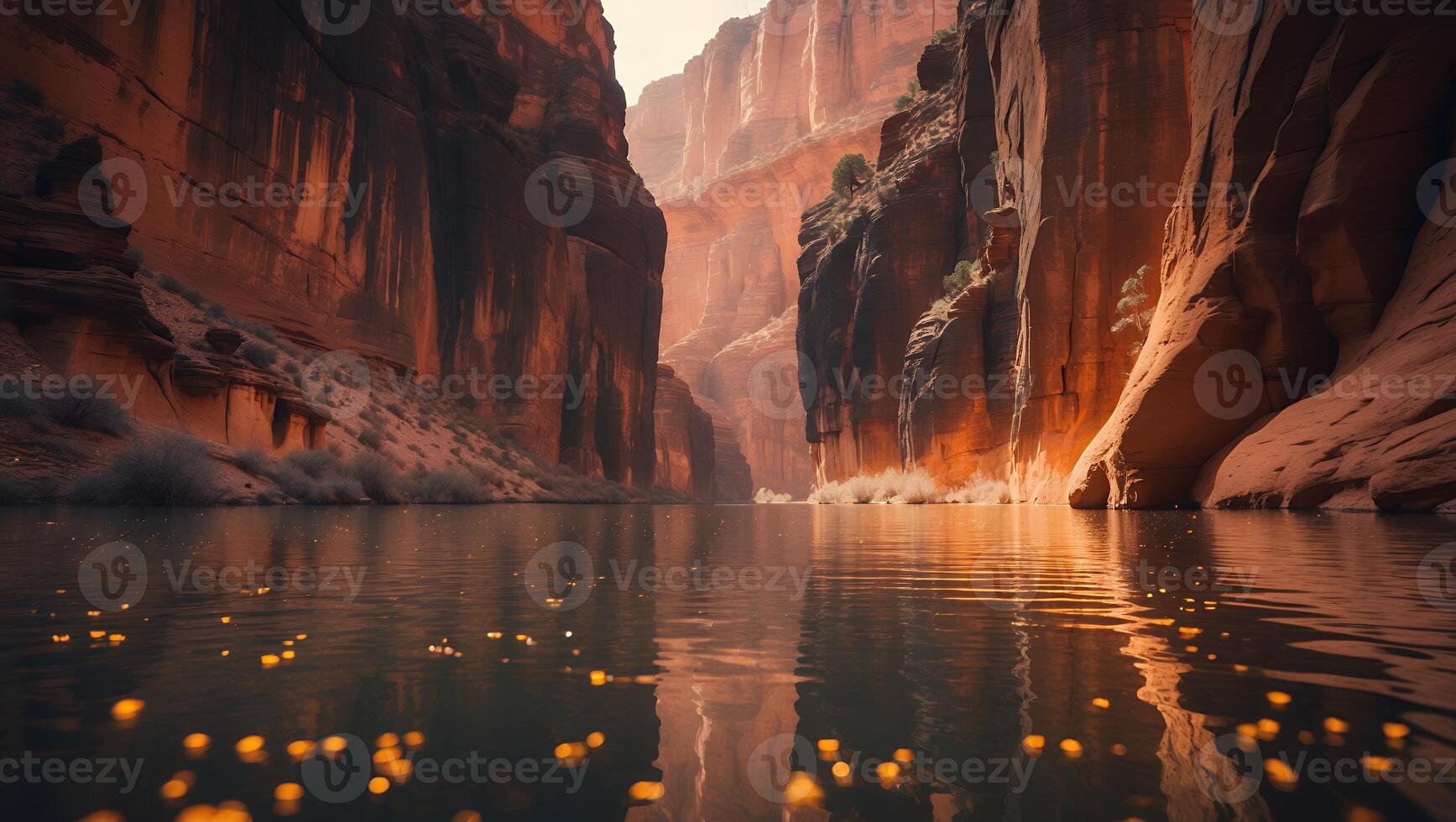 River Flowing Through a Canyon with Orange Rocks and Reflections photo