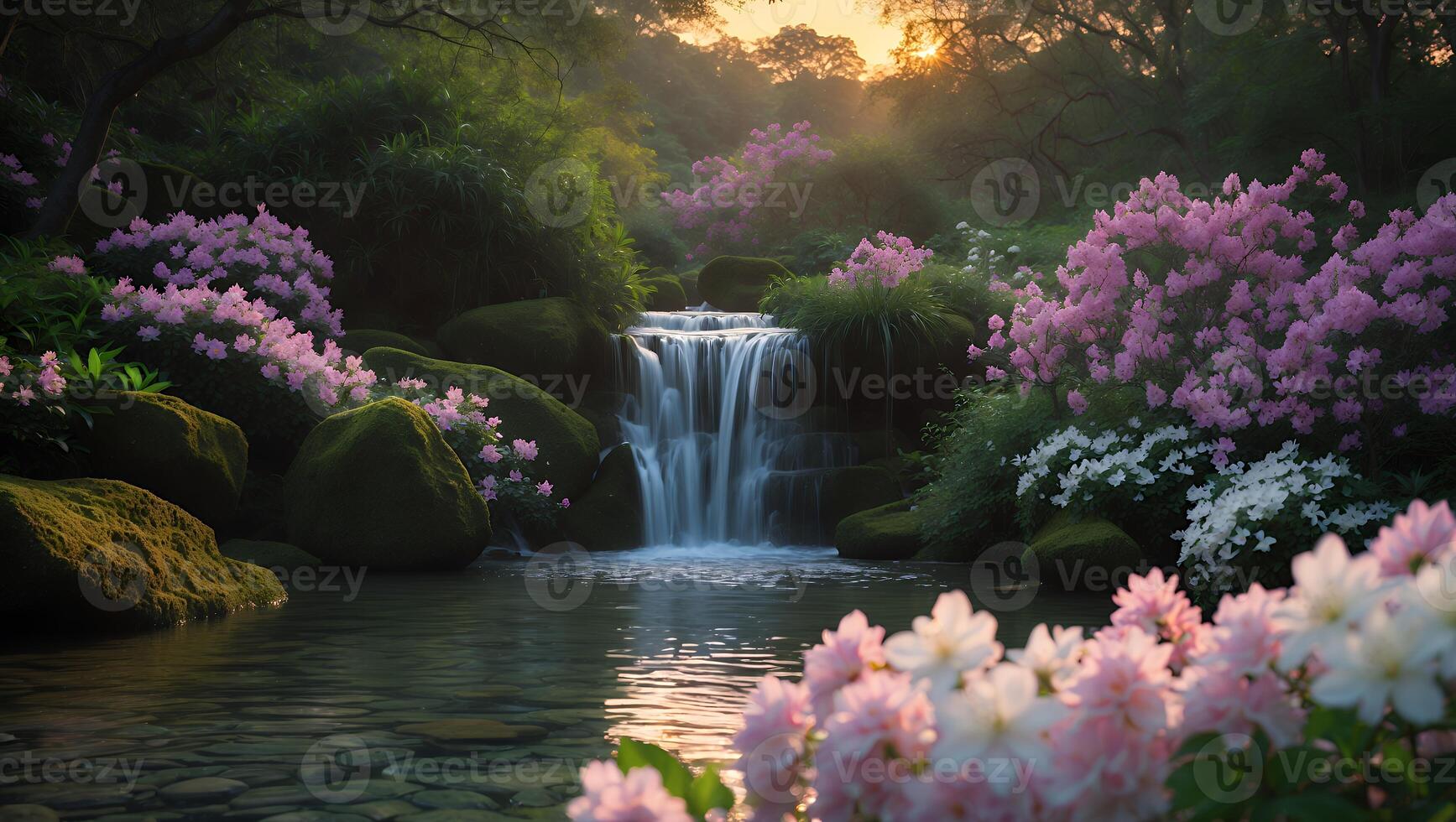 Waterfall Flowing in a Tranquil Garden with Blooming Flowers photo
