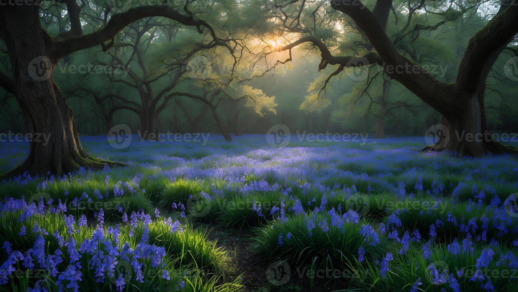 Enchanting Bluebell Field in Forest at Sunrise with Sunlight Shining Through photo