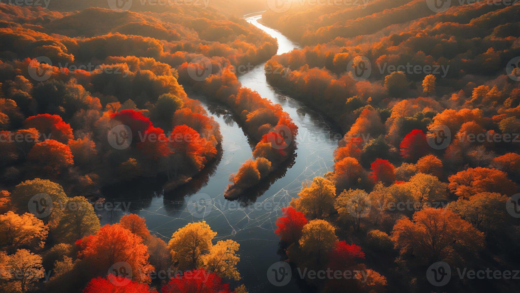 Aerial River View Flowing Through Forest with Autumn Colored Trees photo