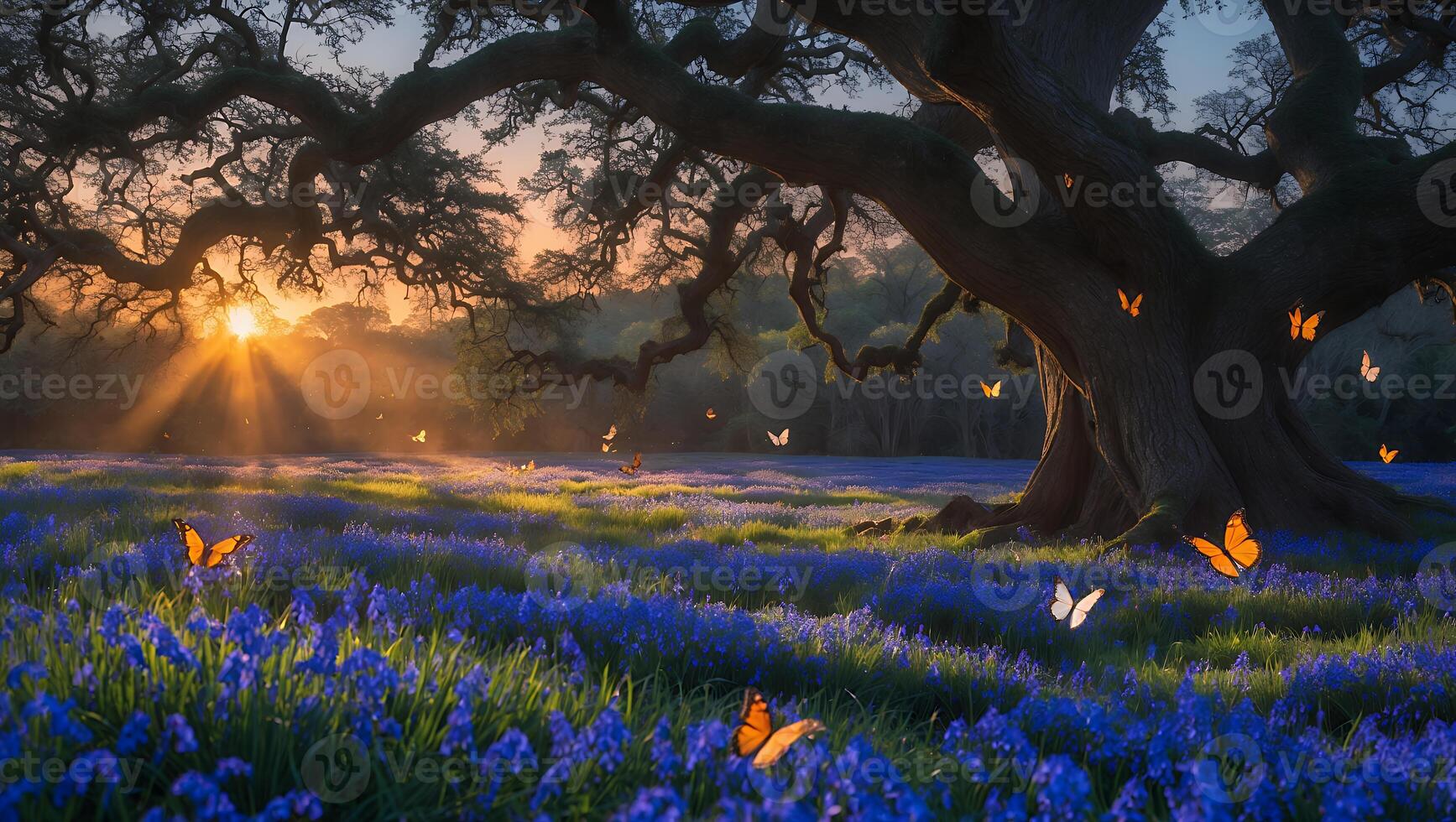 Flowering Field with Large Tree and Butterflies at Sunset photo