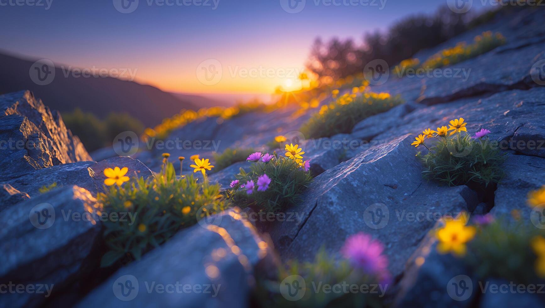 Wildflowers Blooming on Rocky Hillside During Sunset with Golden Light photo
