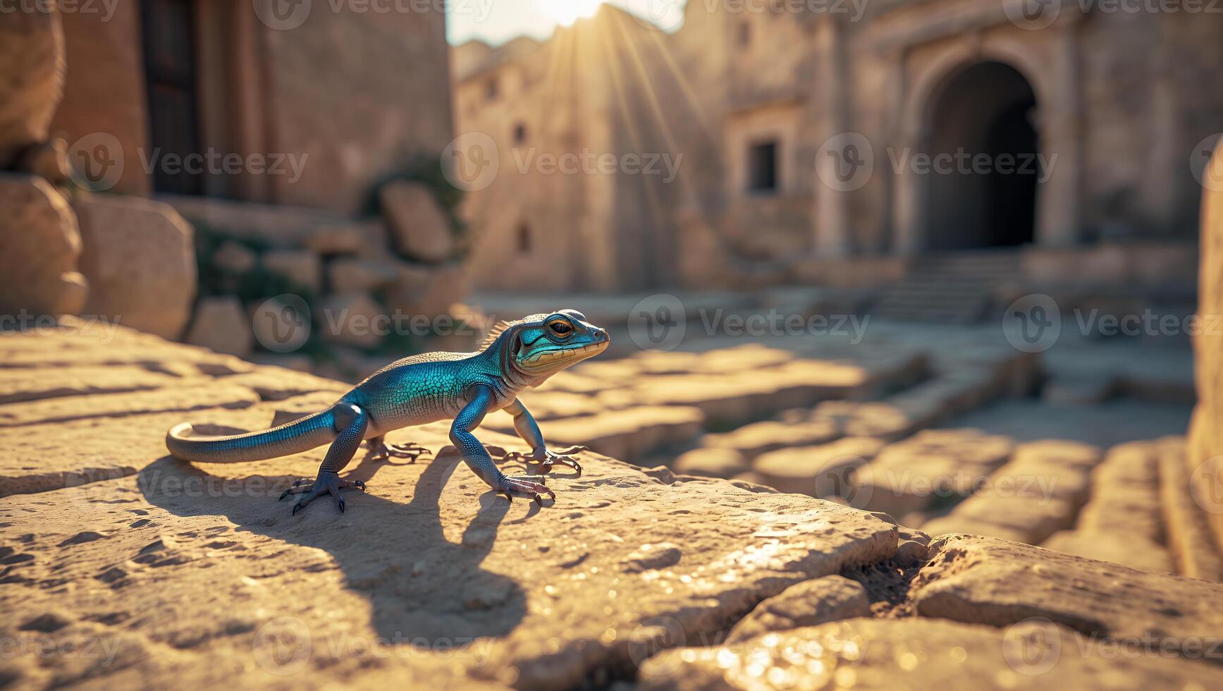 Lizard Walking on Stone Structure in Sunlight with Ancient Architecture photo