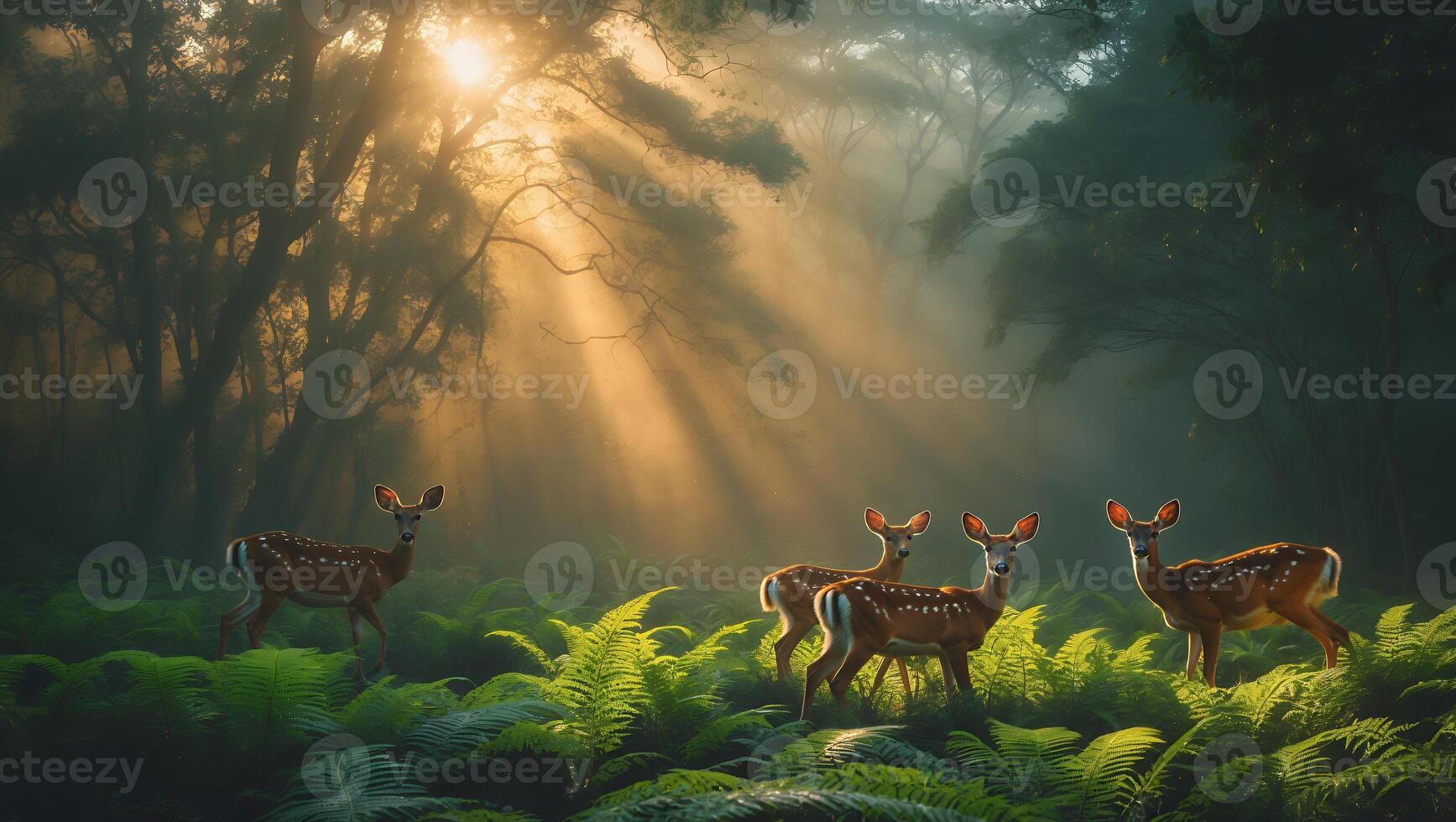Deer Standing Among Ferns in Forest with Rays of Golden Light photo