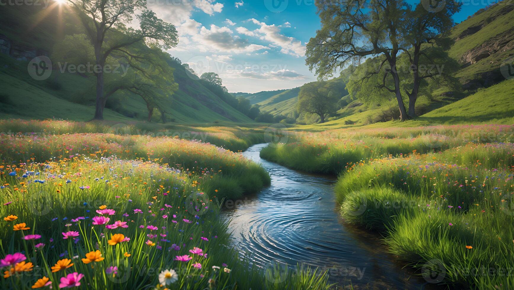River Flowing Through Grassy Meadow with Wildflowers and Rolling Hills photo