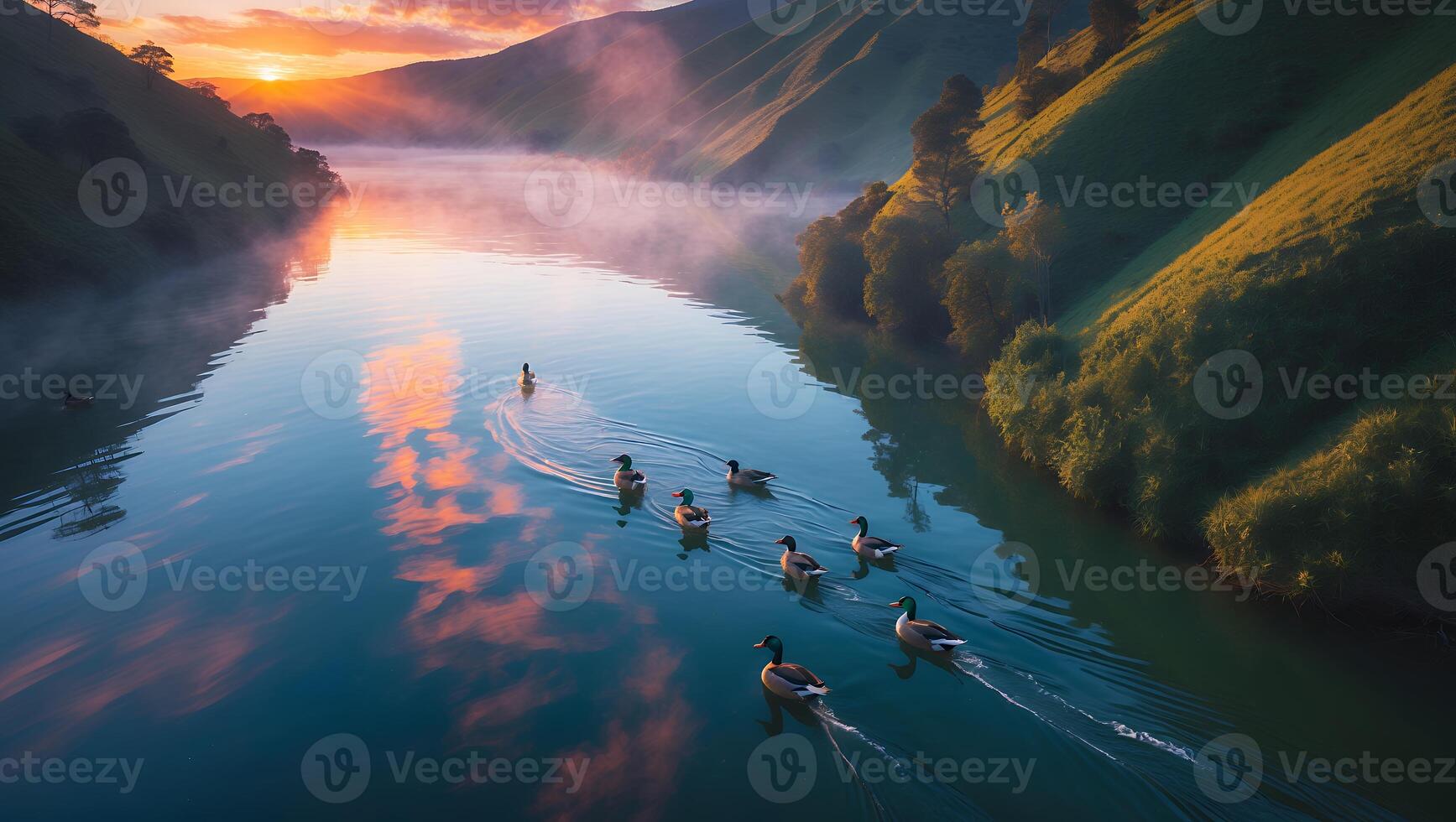 Ducks Swim on Calm Lake at Sunset with Hills Reflection photo