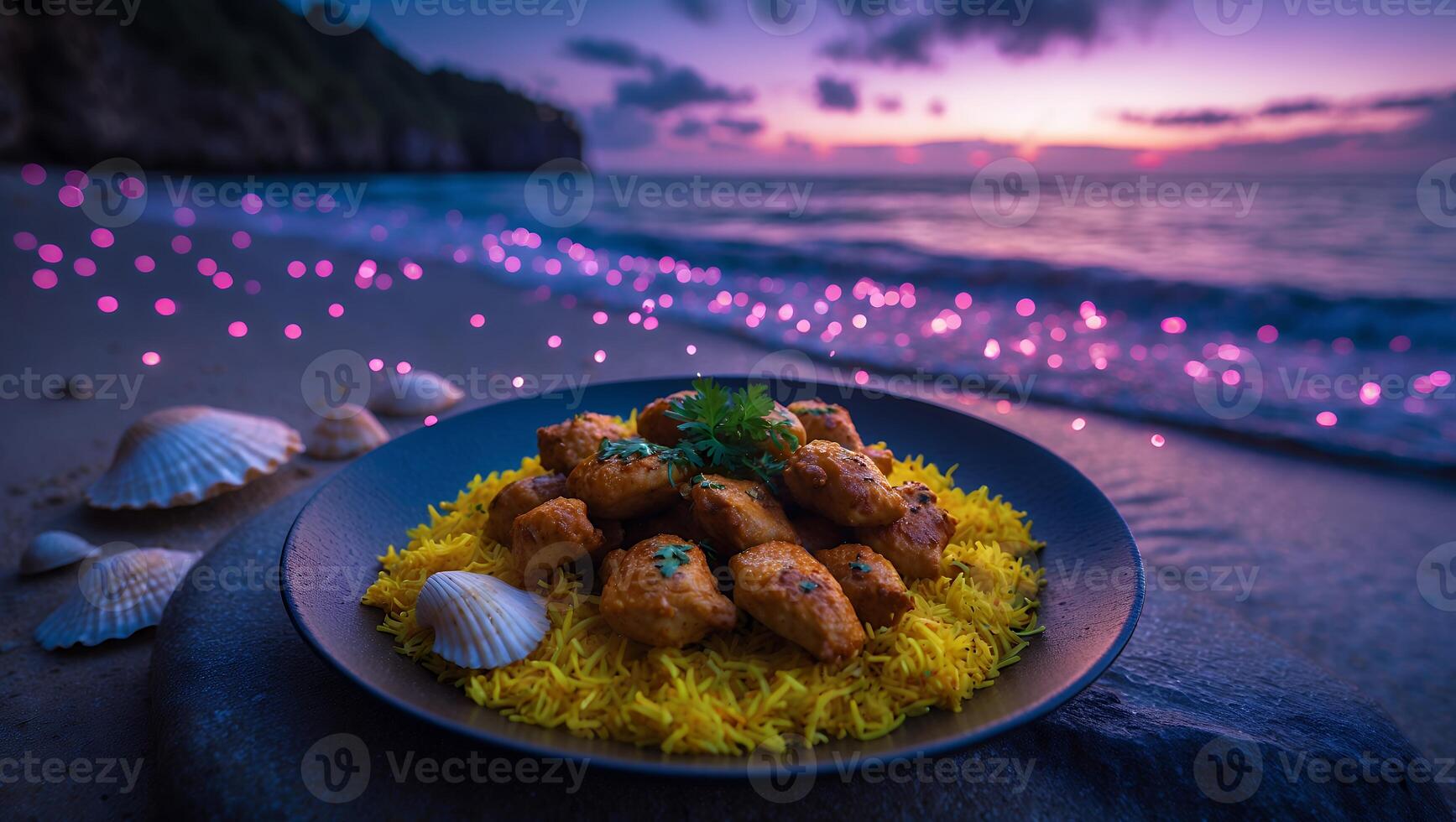 Chicken and Rice Dish Served Outdoors at Beach During Sunset photo